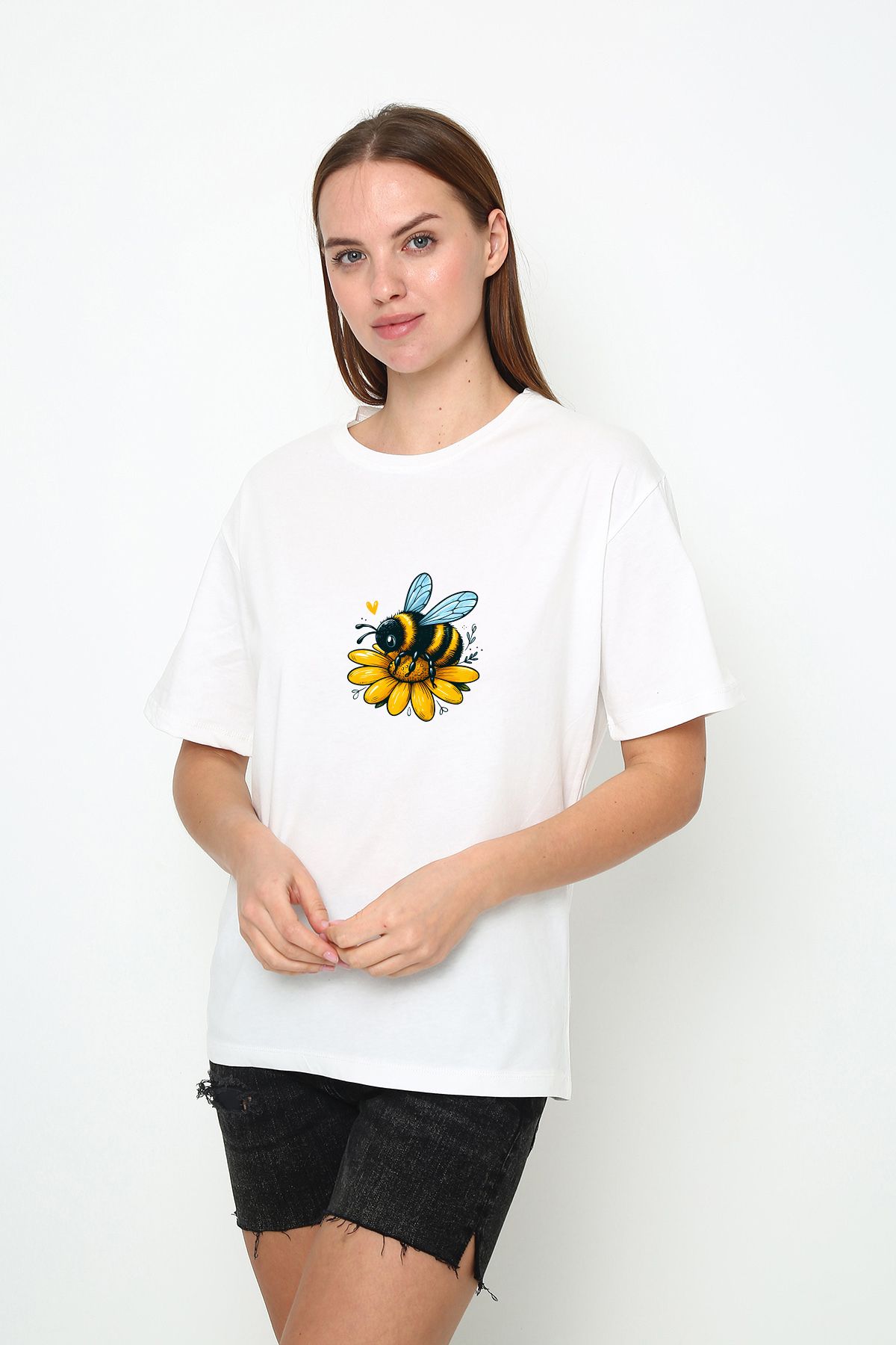 Oasis kadın oversize arı baskılı bisiklet yaka t-shirt
