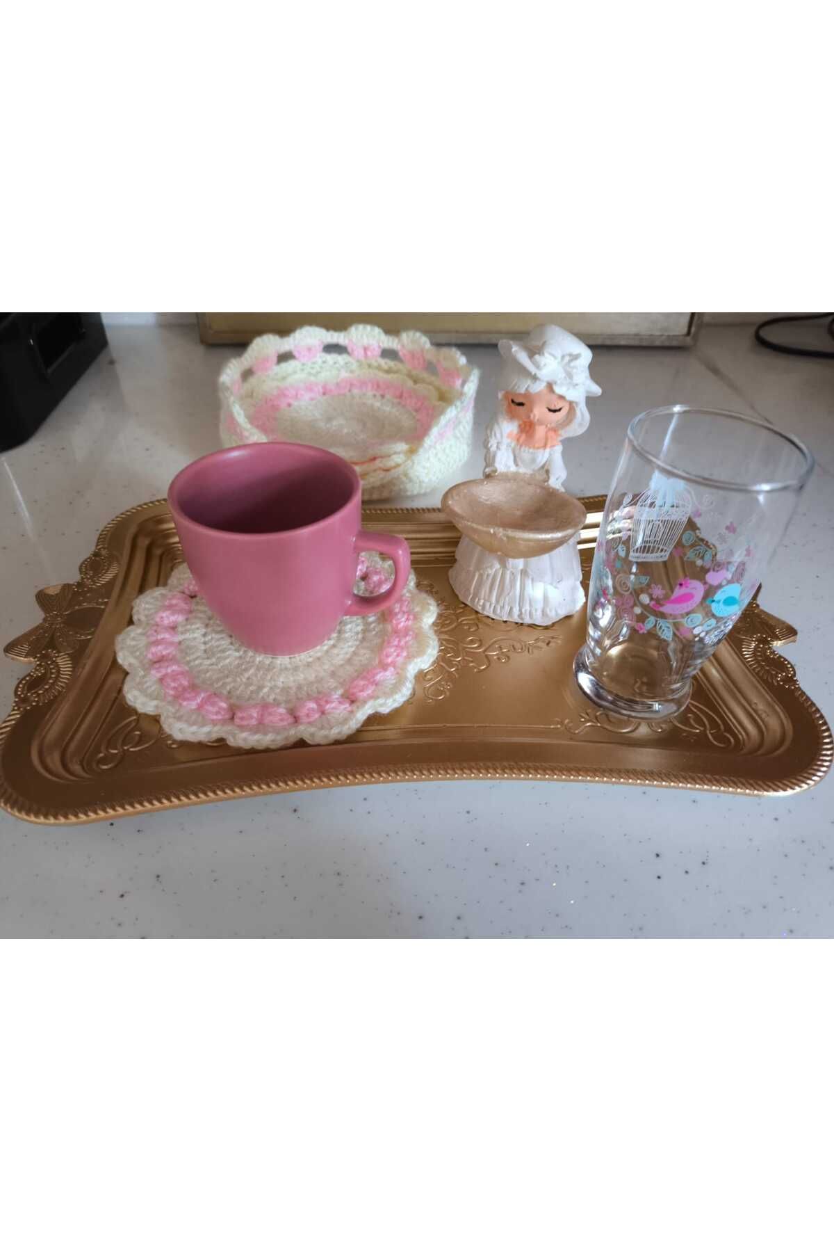 Momsada El örgüsü 6'lı kalp desenli papatya bardak/fincan/kupa altlığı ve sepetli (Bardak altı 13 cm )