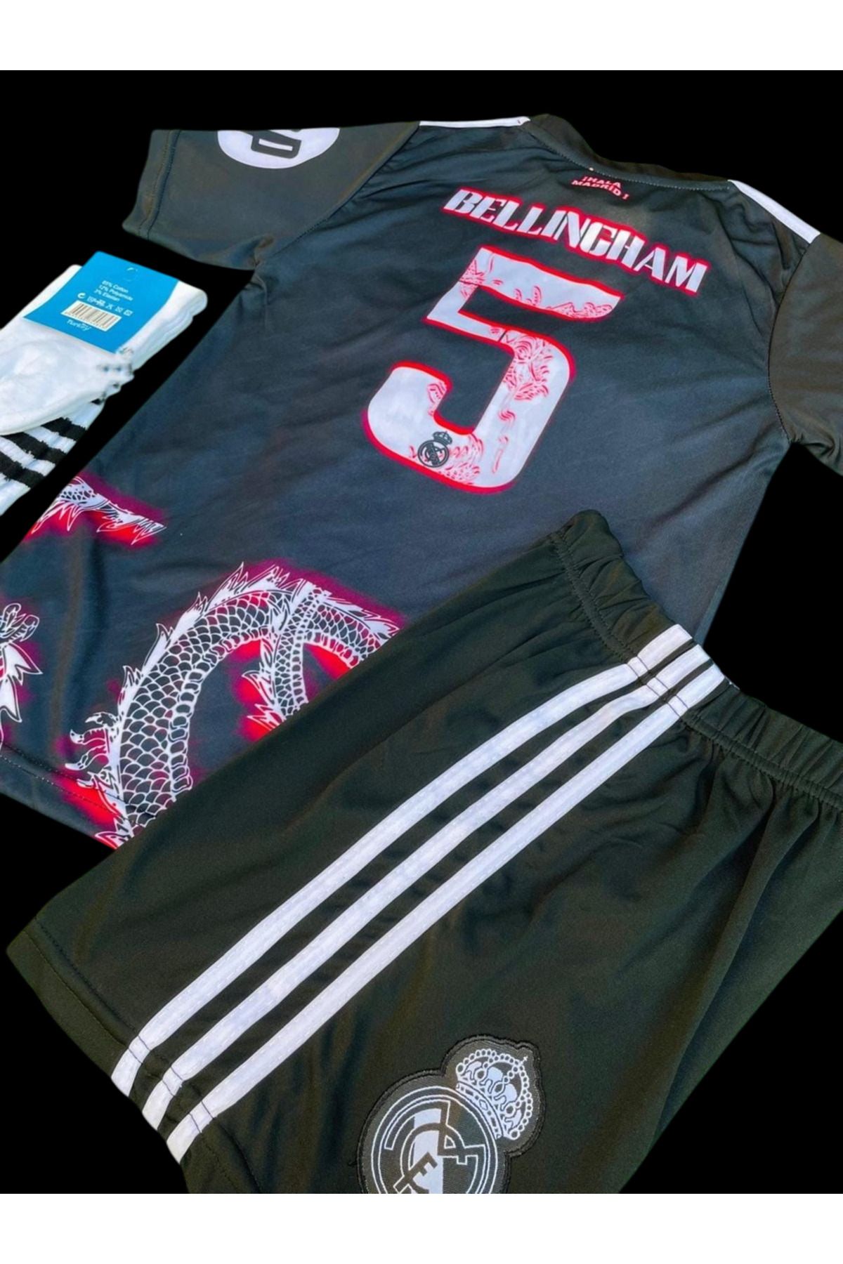 kombinezyum R.Madrid Jude BELLİNGHAM Özel Tasarım Dragon Çocuk Forması Black Kırmızı Şeritli 4 Lü Set