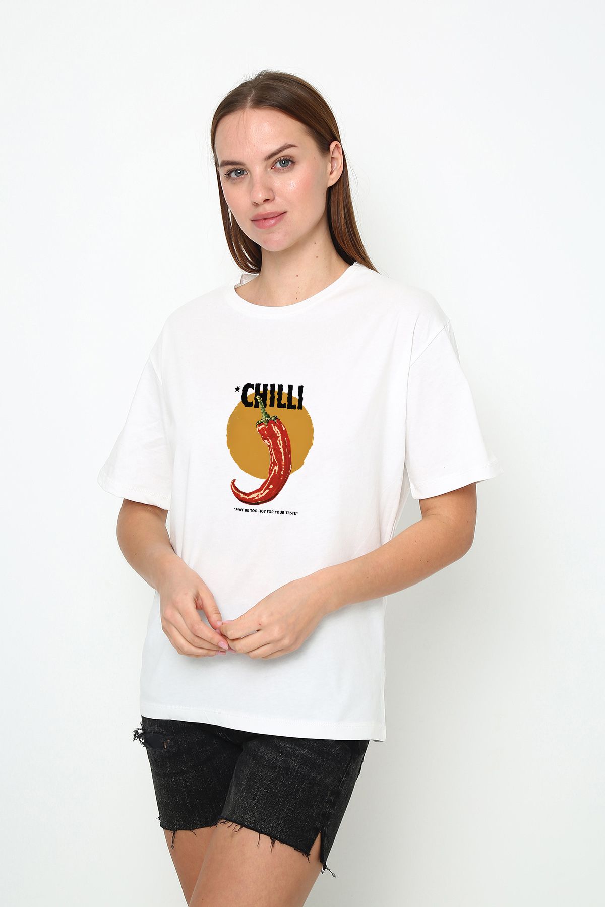 Oasis kadın oversize chilli too hot baskılı bisiklet yaka t-shirt