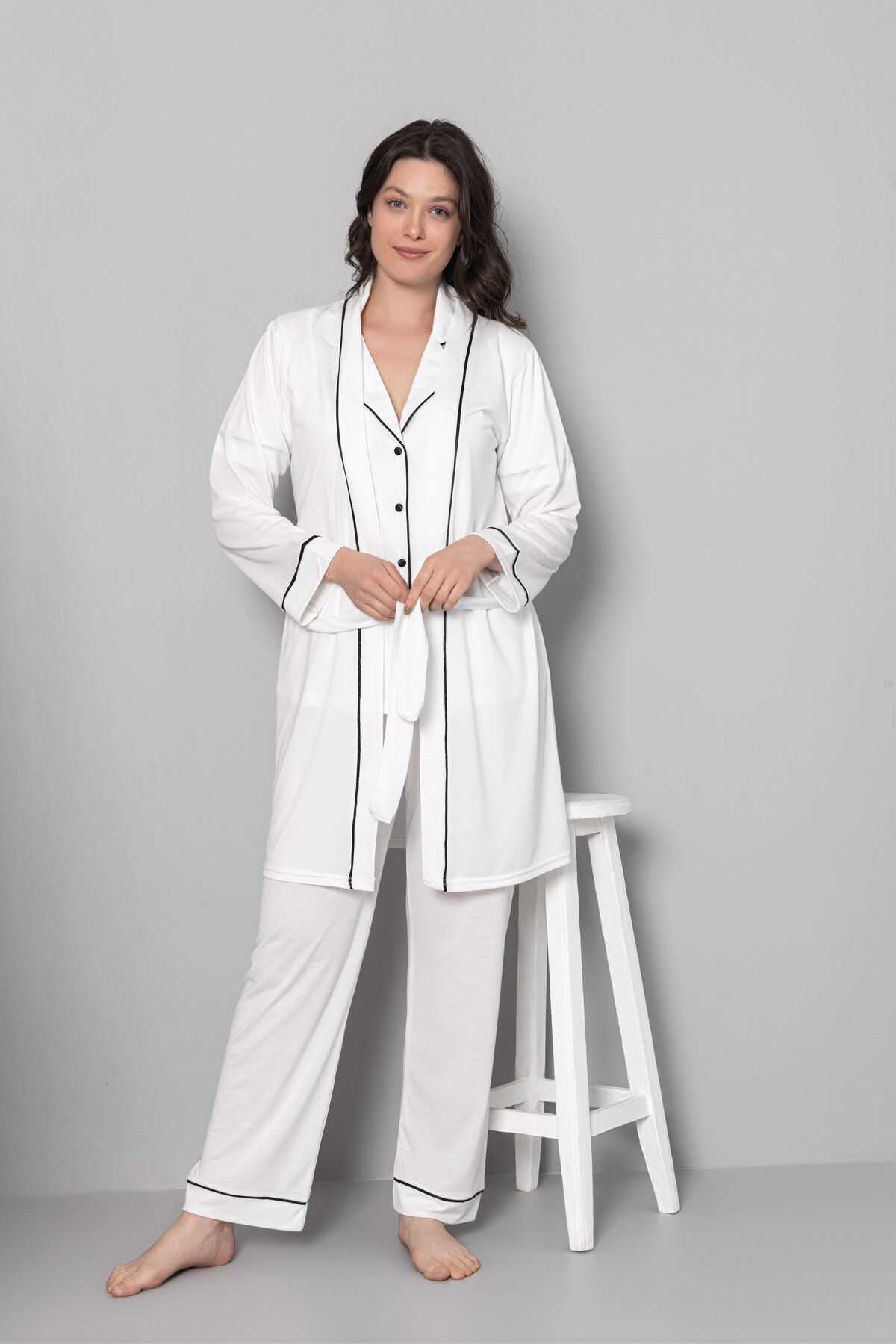 LORIAN'S Ekru Fitilli Önden Düğmeli Yeni Model Lohusa ve Hamile Pijama Takımı 3'lü Set- Viskoz Kumaş