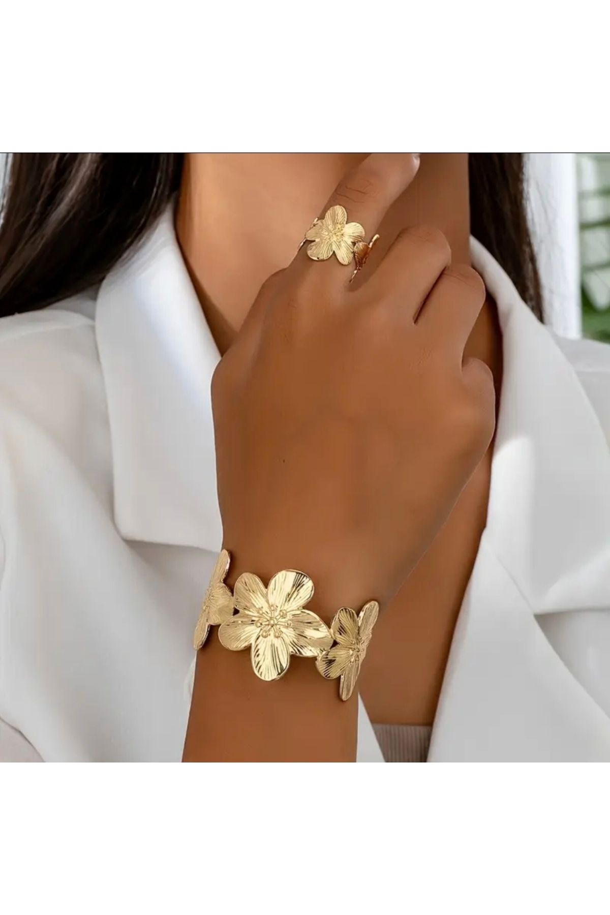 Pinkimaj Gold çiçekli bileklik ve yüzük seti Yeni Moda Ürün