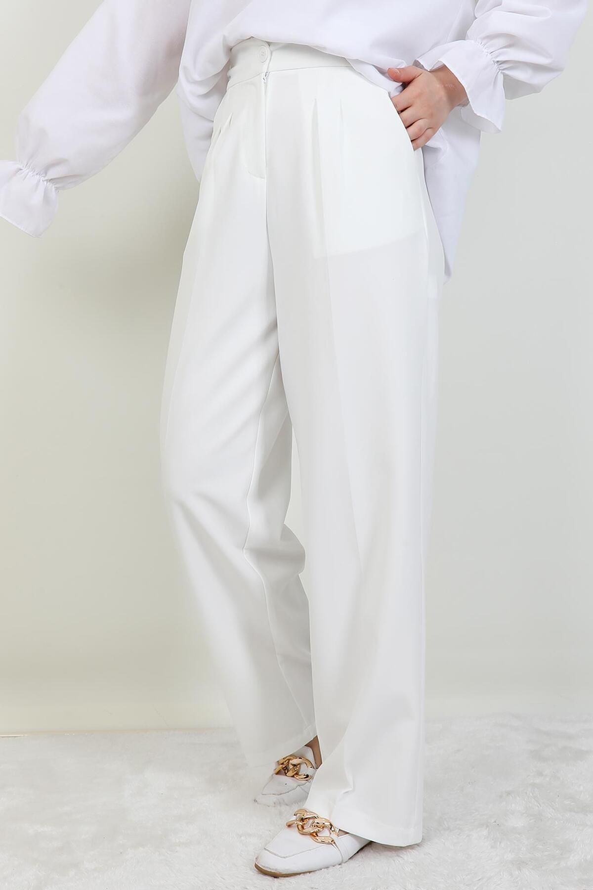 giz astore Beli Lastikli Düğmeli Pantolon Beyaz