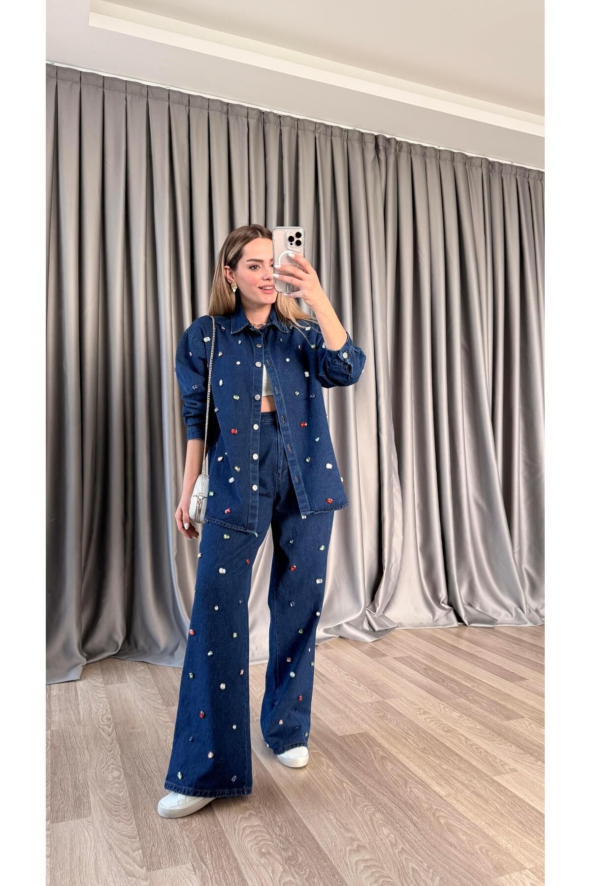 pelin yıldız butik Renkli Taş Baskılı Denim Pantolon
