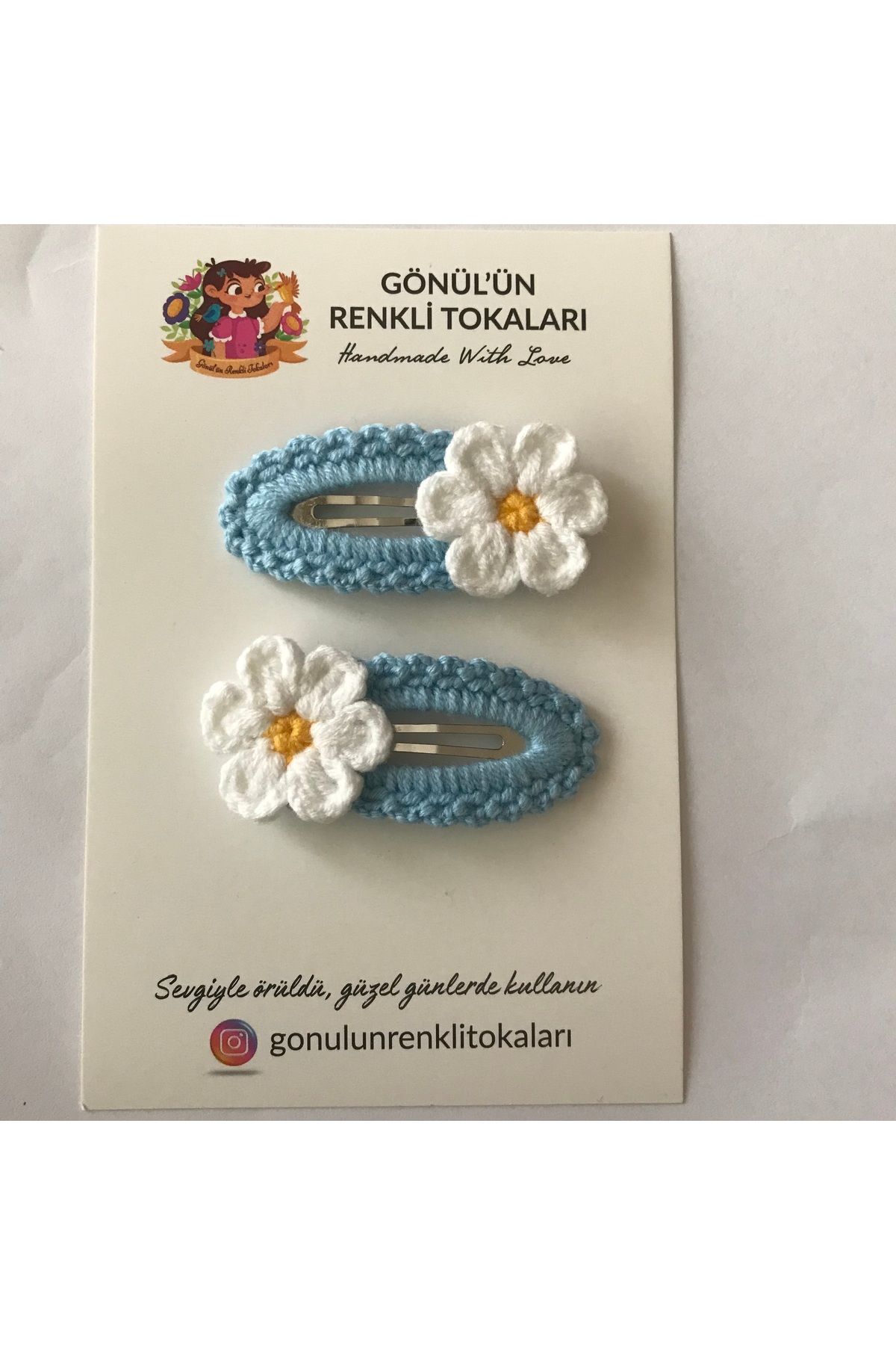 Gönülden Aksesuar 5cm Oval Metal Çıt Çıtlı El Örgüsü Renkler Mavi Ortası Sarı,beyaz Papatya Toka Çocuklar Için