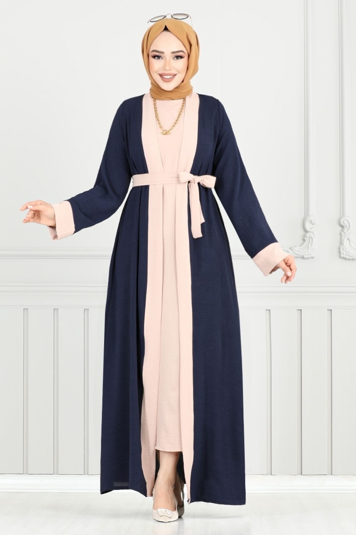 ModaMerve Beli Kemerli Abaya Takım 0339BGS895-M Laci