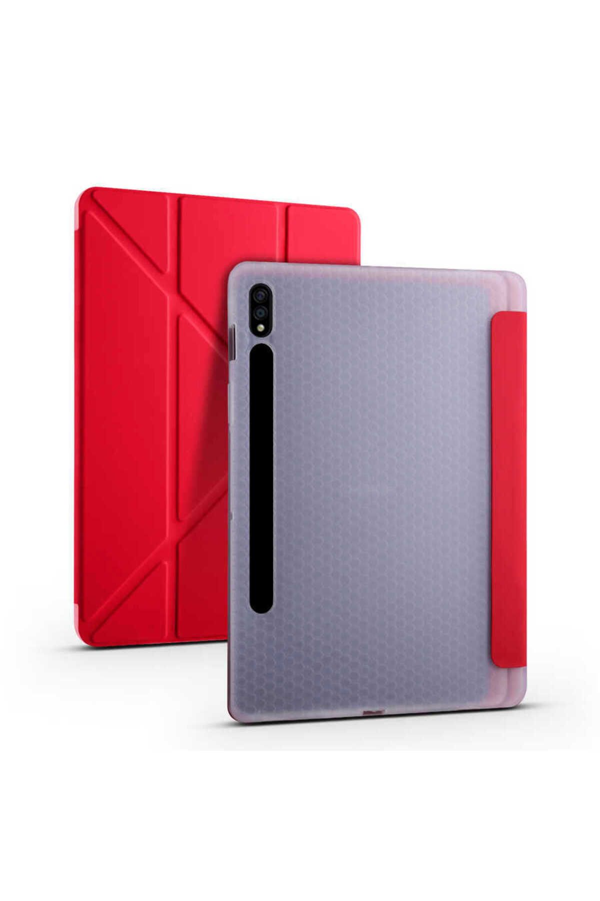 Teknodur Galaxy Tab S7 Plus T970 Kılıf Uyumlu TKDR Tri Folding Kalem Bölmeli Standlı Kılıf-Kırmızı