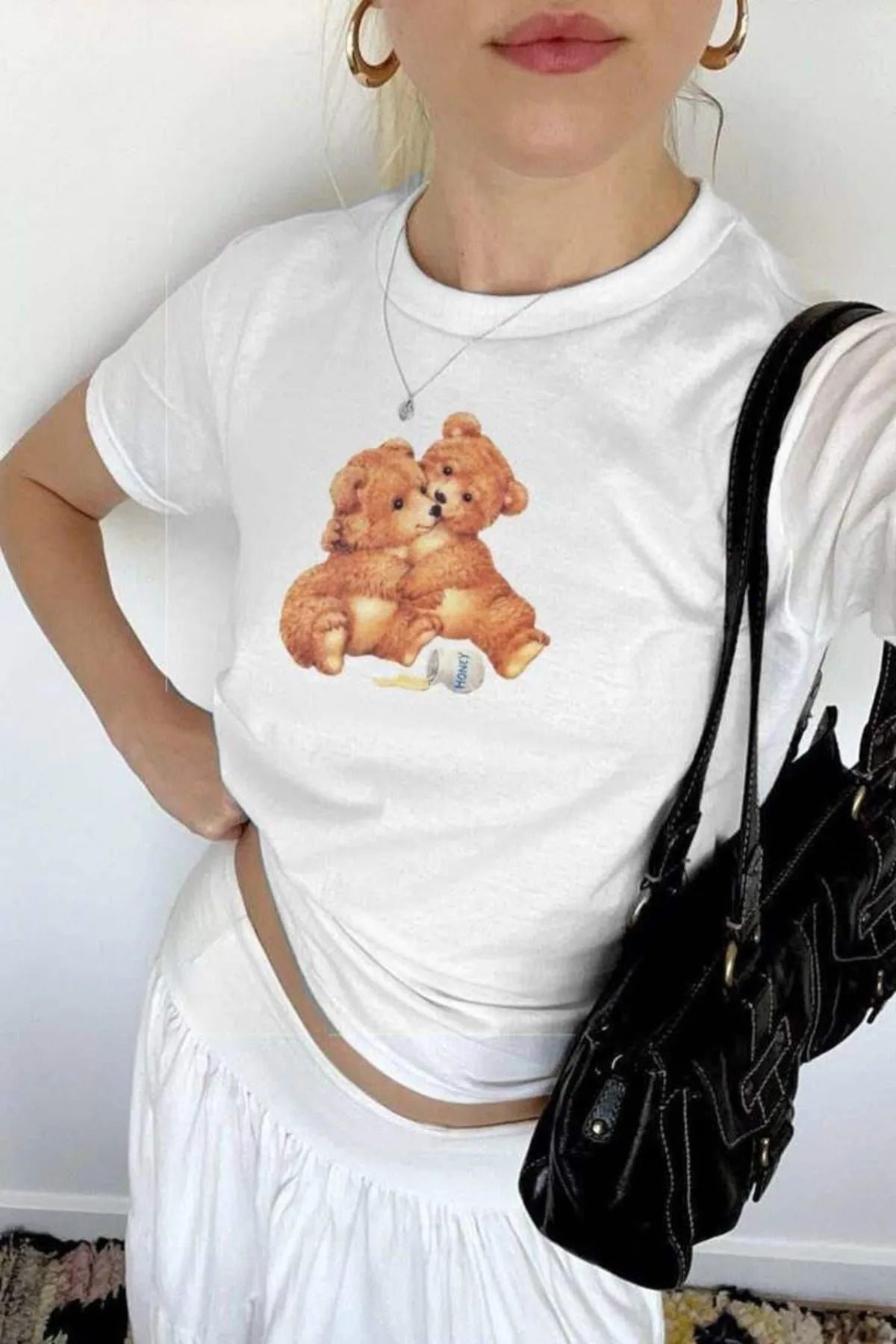 1blood Cute Bear's Baskılı Beyaz Body Crop Bluz