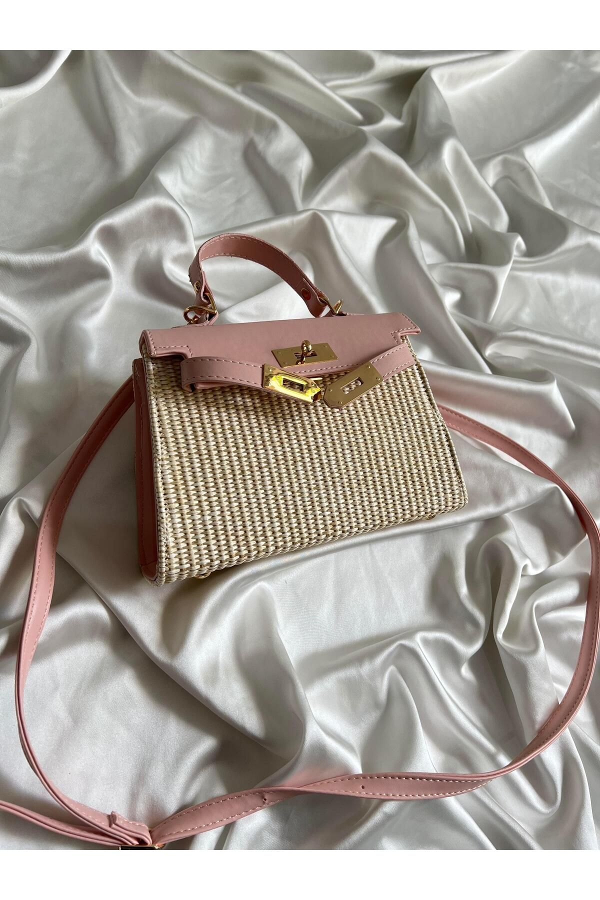 Mia Collection Gerçek Hasır Kenny Model El Ve Kadın Omuz Çantası Pudra