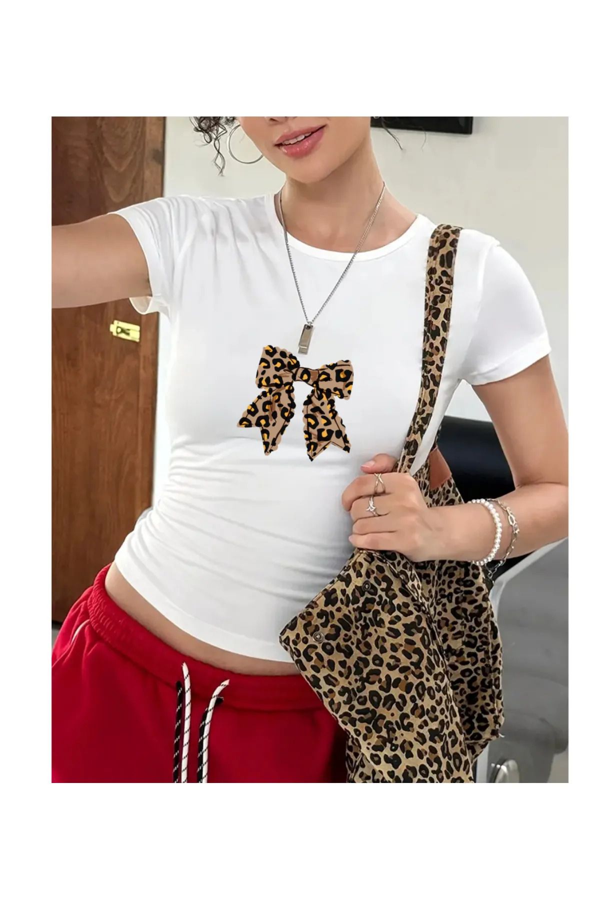 1blood Kemer Boy Leopar Ribbon Crop Bluz