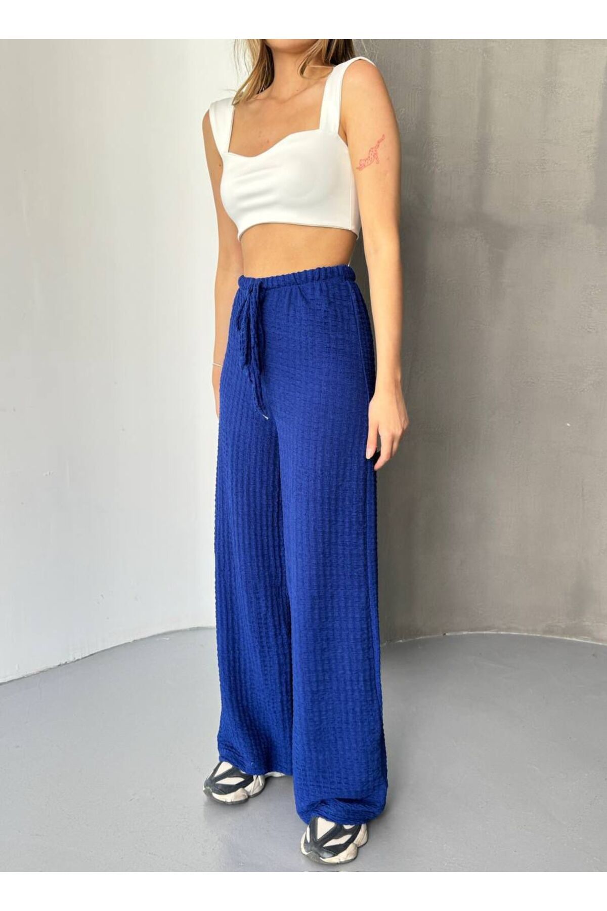 Love Womenx YÜKSEK BEL FİTİLLİ BELİ LASTİKLİ YAZLIK KADIN PANTOLON LACİVERT1
