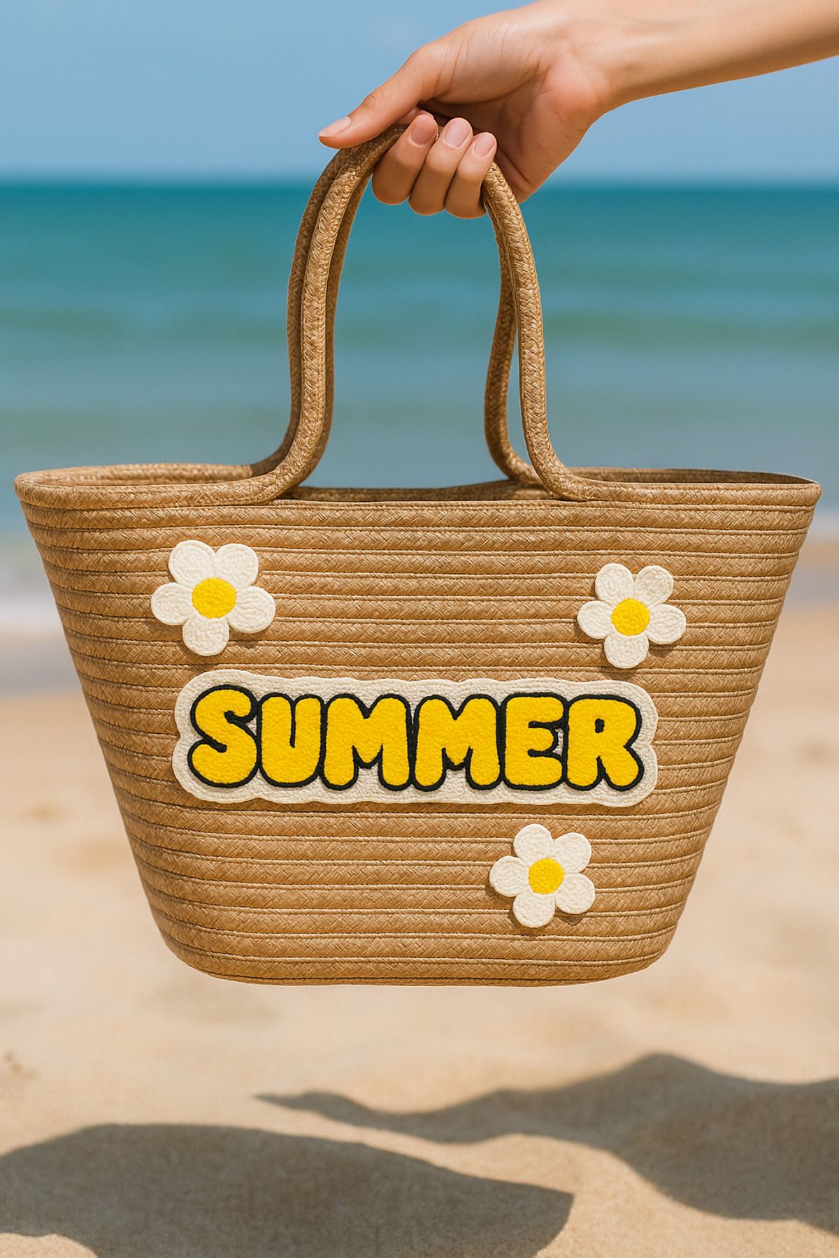Rell Home Summer Papatya Desenli Punch Detaylı Yazlık Jüt Plaj Çantası 45 x 32 cm