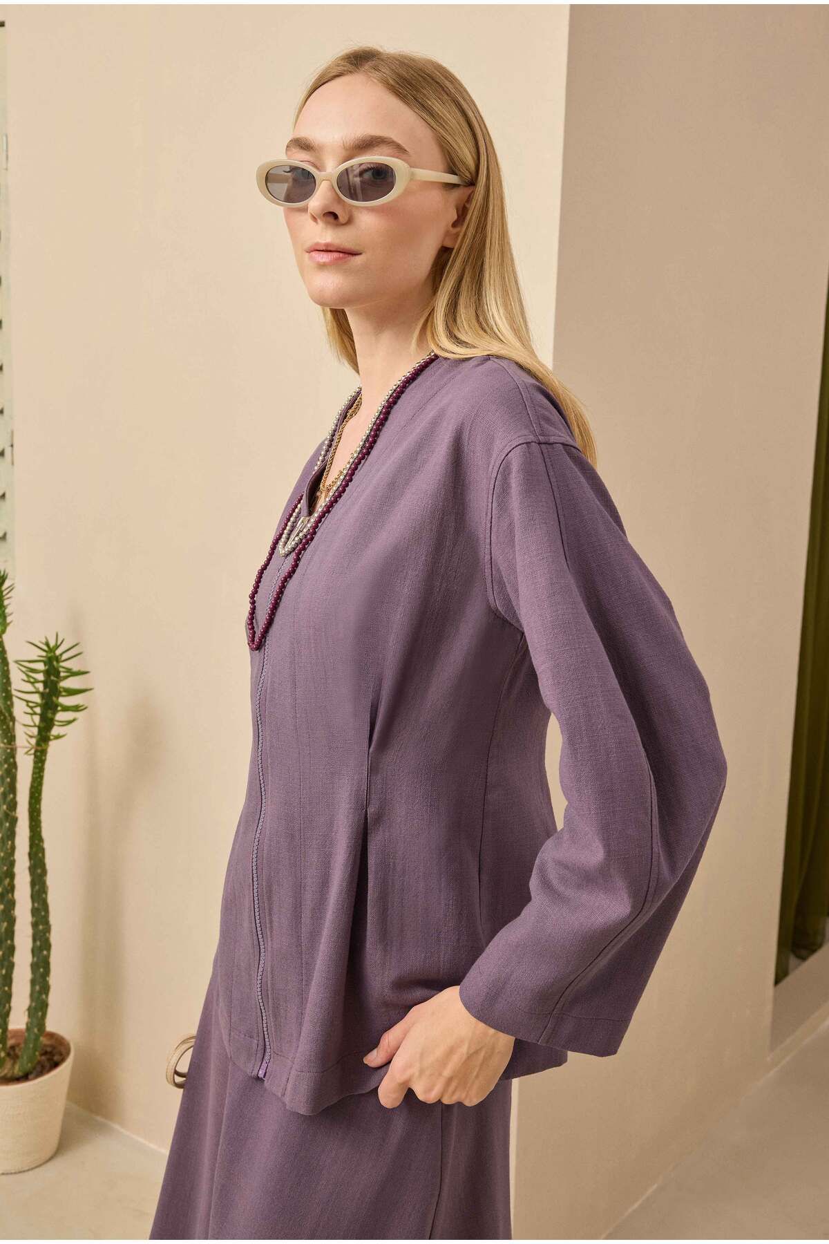 HEQA Pamuk Keten Ceket Retro Violet