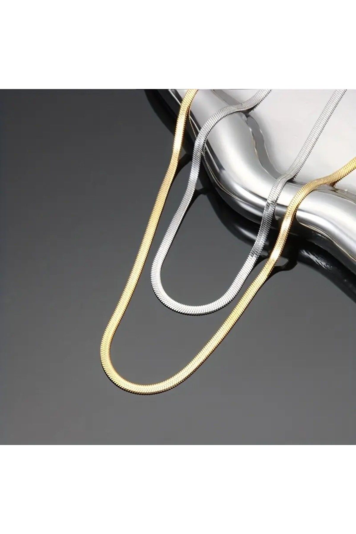 Tasarım Çelik Takı Seti Kolye İtalyan Ezme Model İkili 0.3 mm Genişlik 45 cm Uzunluk 5 Cm Ek Gold Gümüş