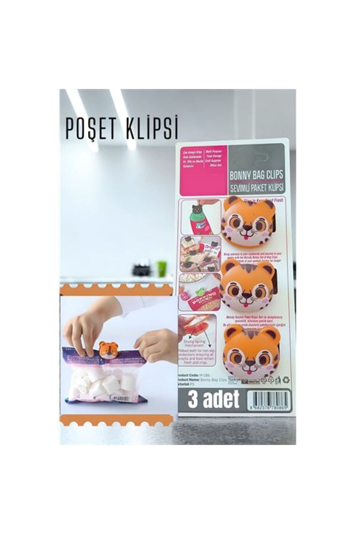 ÖYKÜ VE YİĞİT Sevimli Poşet Klipsi Kedi 3 Adet Ataç