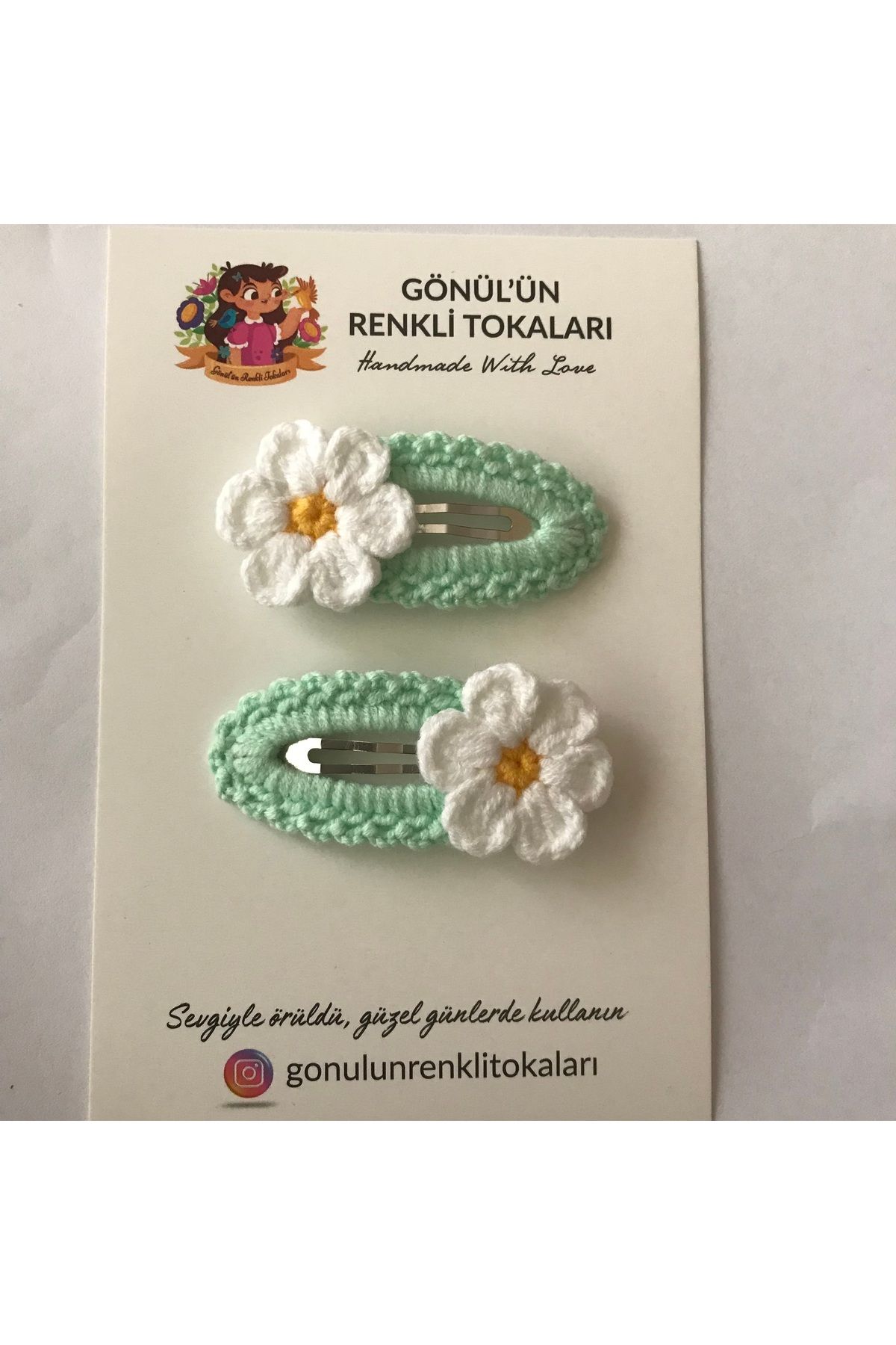 Gönülden Aksesuar 5cm oval metal çıt çıtlı el örgüsü renkler yeşil ortası sarı,beyaz papatya toka çocuklar için