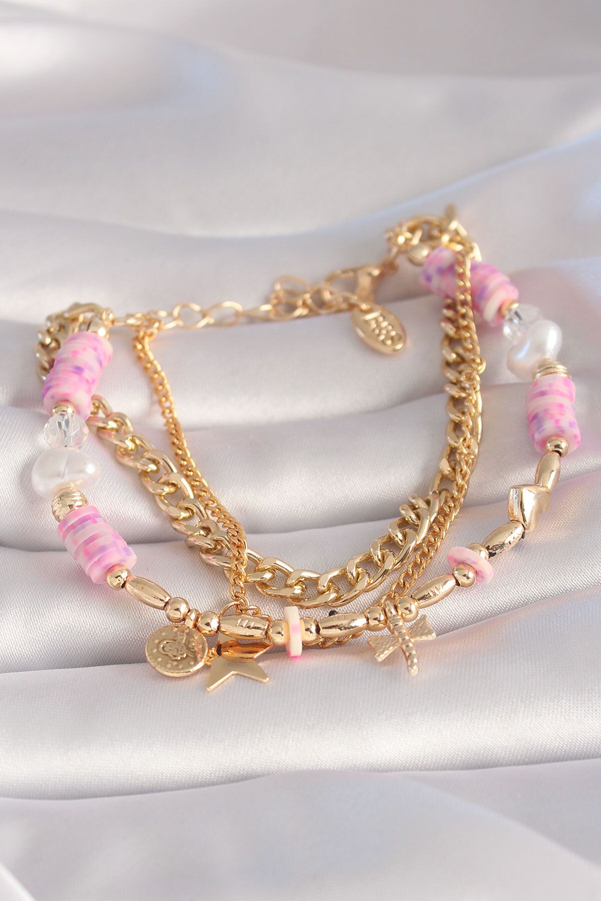 callerrons accessories Pirinç Gold Renk Pembe Boncuklu Yıldız Figür Çoklu Kadın Bileklik - EBJ250530W34246