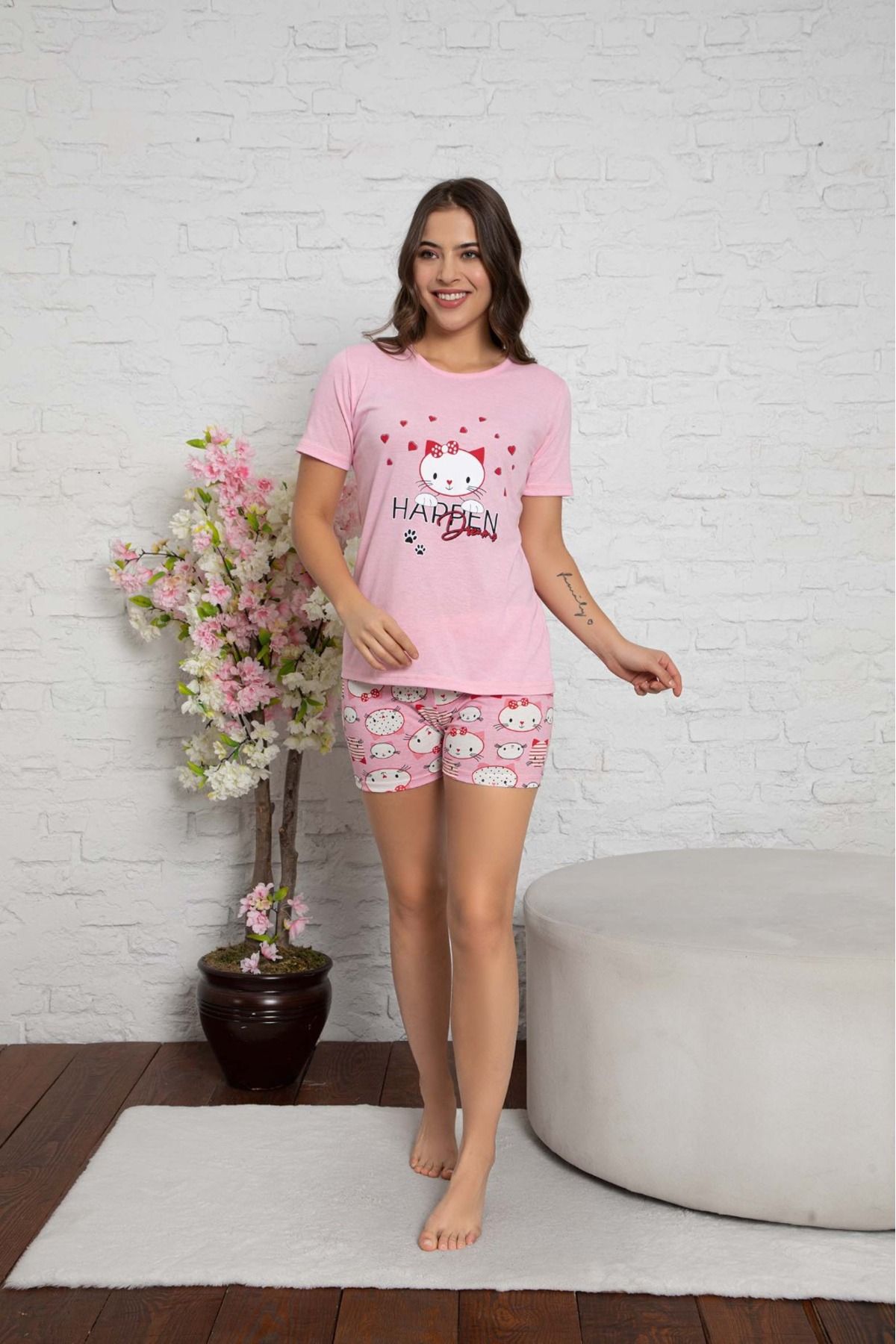 Asel Kadın Kısa Kol Şortlu Pamuklu Likralı Pijama Takımı