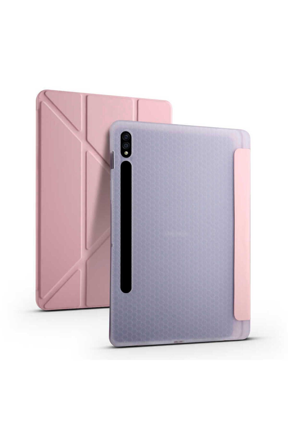 Teknodur Galaxy Tab S7 Plus T970 Kılıf Uyumlu TKDR Tri Folding Kalem Bölmeli Standlı Kılıf-Rose Gold