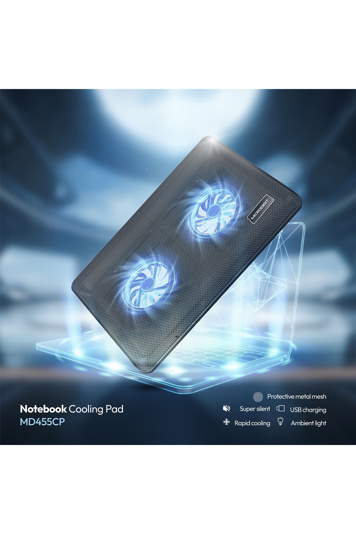 Microdigit-Notebook Cooling Pad, Dual Fan, LED Light, USB Powered, Silent Fast Cooling - MD455CP 3
