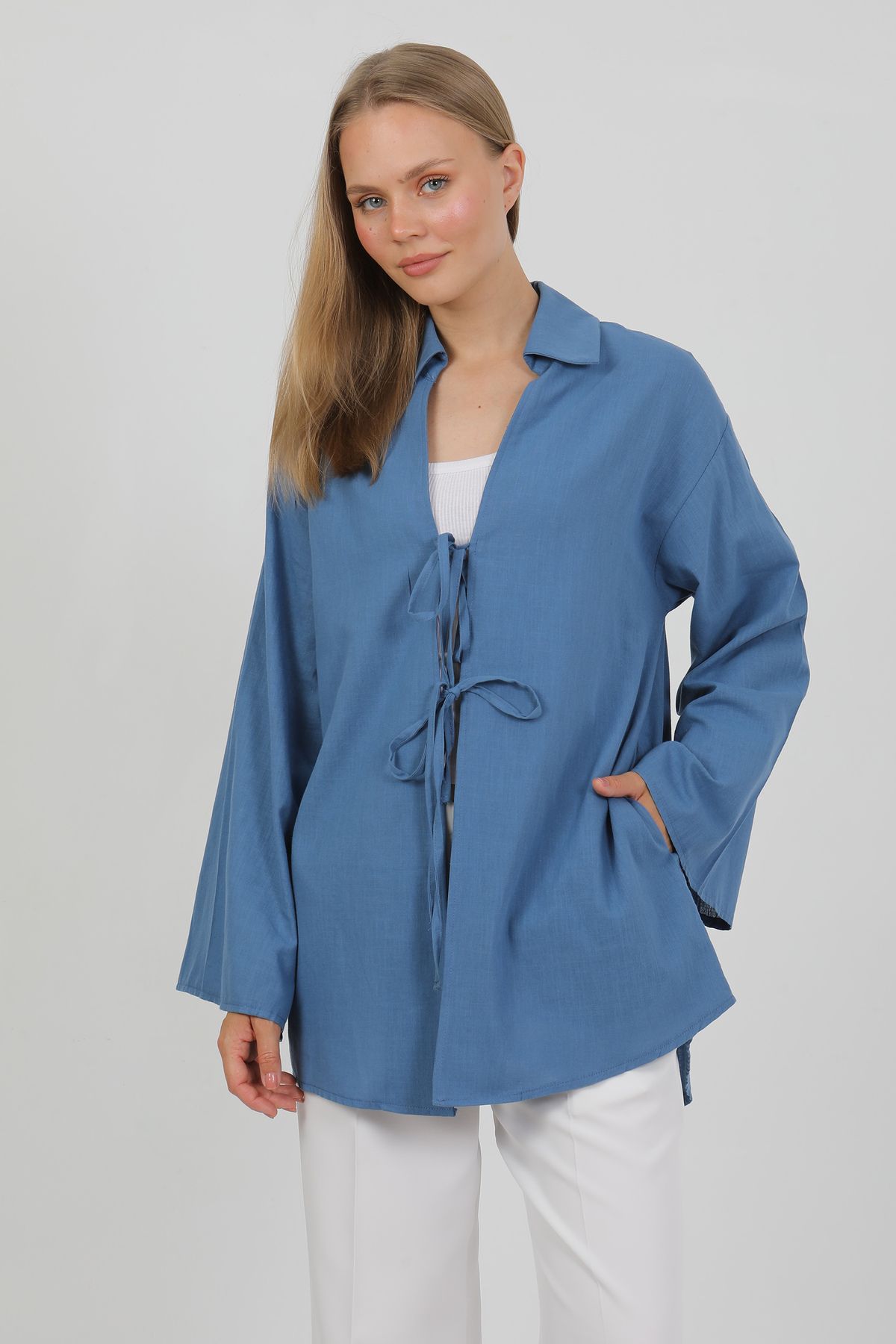 PASTELASTORE %100 Pamuk Keten Cepli Bağcıklı Kadın Kimono 1165 – Gömlek Yaka, Nefes Alan Kumaş