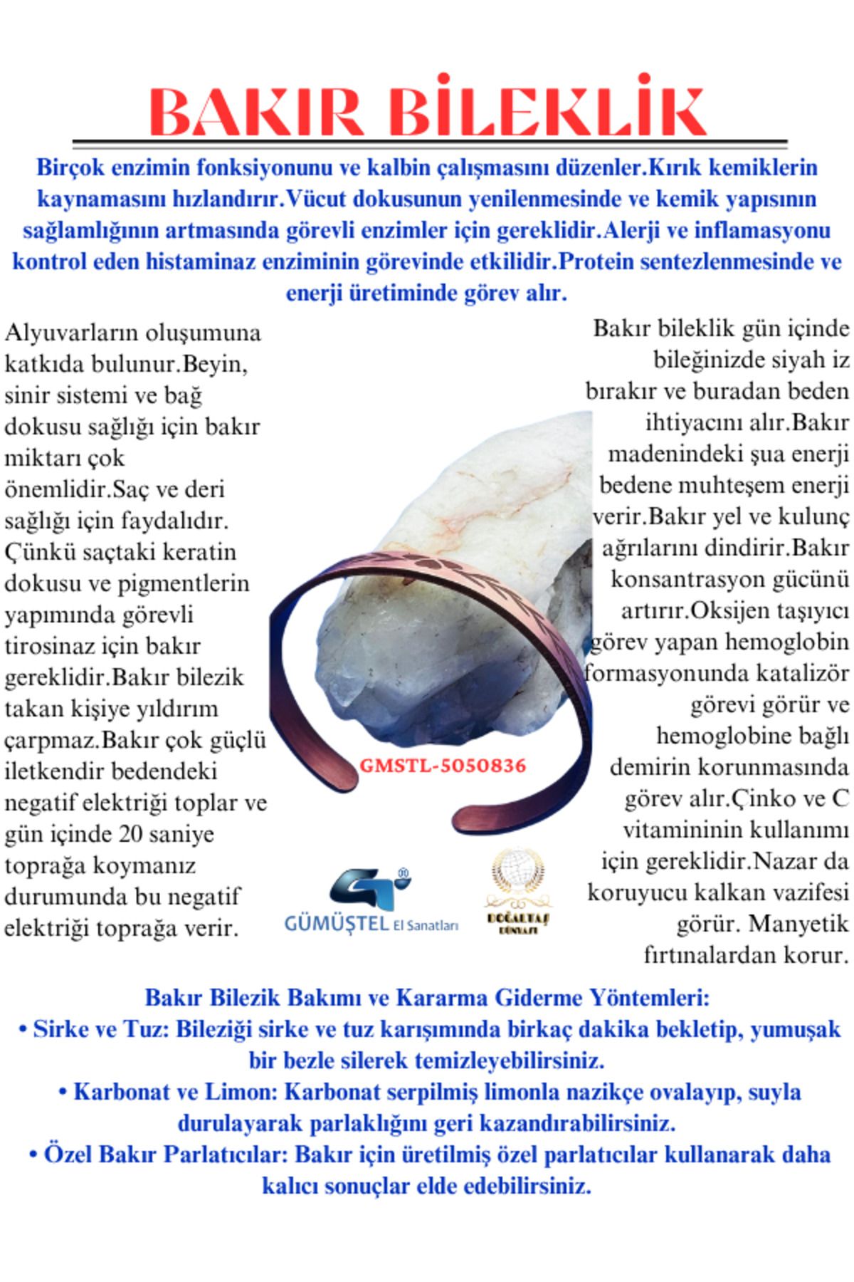 GÜMÜŞTEL EL SANATLARI %100 Orijinal Bakır Bileklik Unisex