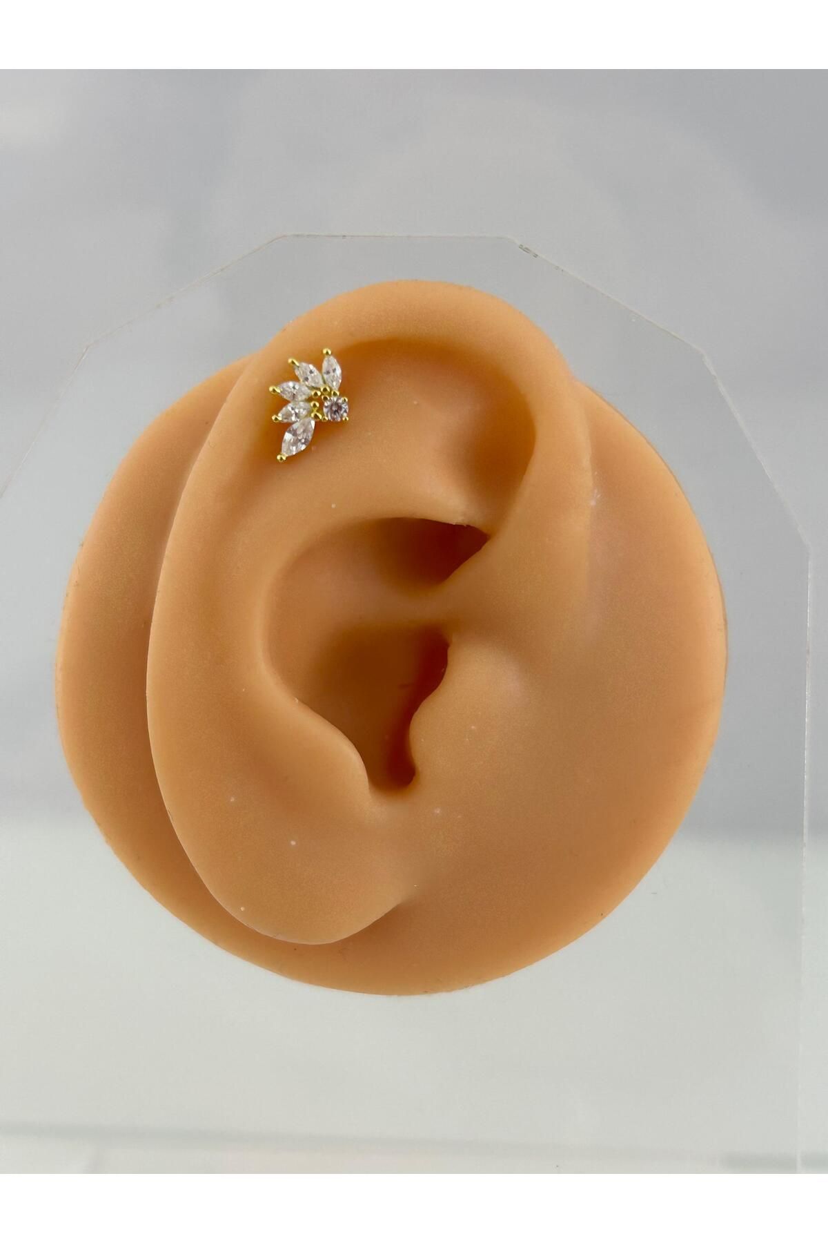Siminkari 925 Ayar Gümüş Üzerine Mikron Altın Kaplama Taşlı 5 Yaprak Gold Piercing Tragus Helix