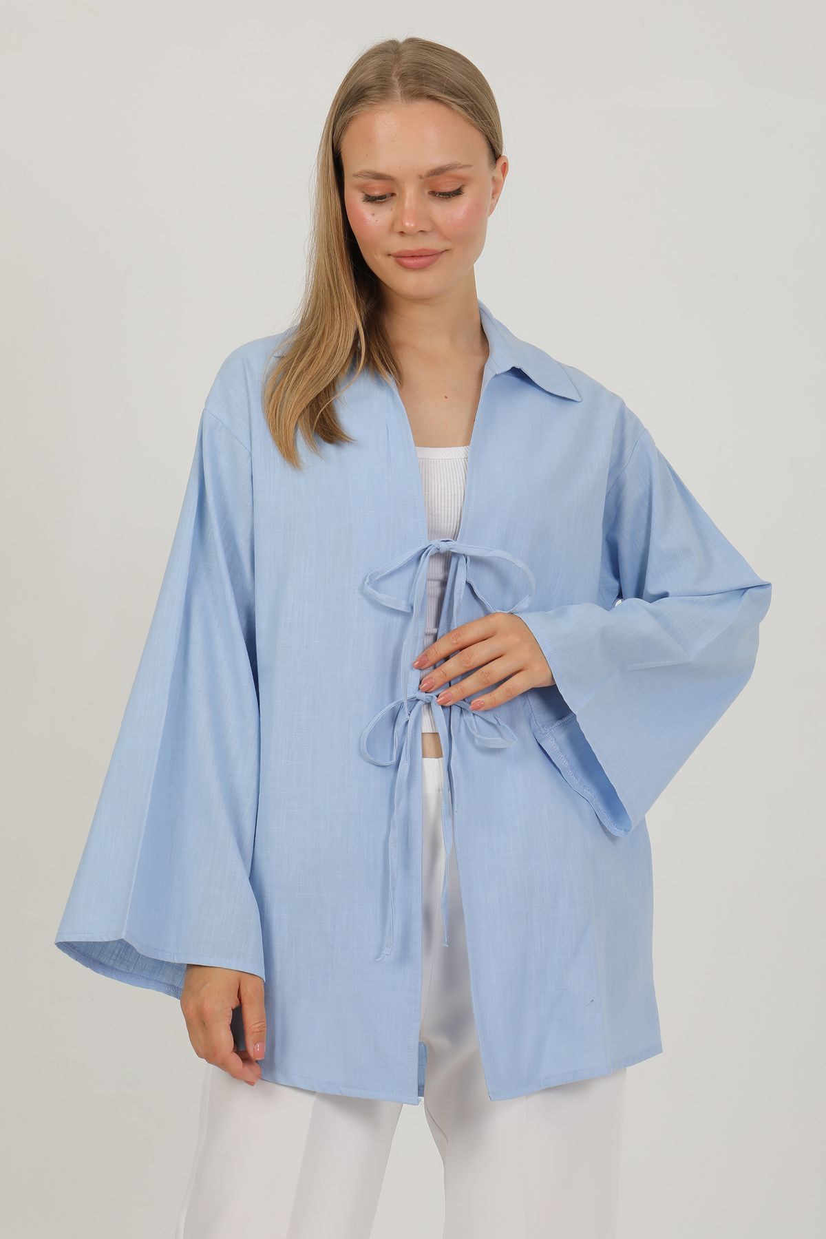 PASTELASTORE %100 Pamuk Keten Cepli Bağcıklı Kadın Kimono 1165 – Gömlek Yaka, Nefes Alan Kumaş