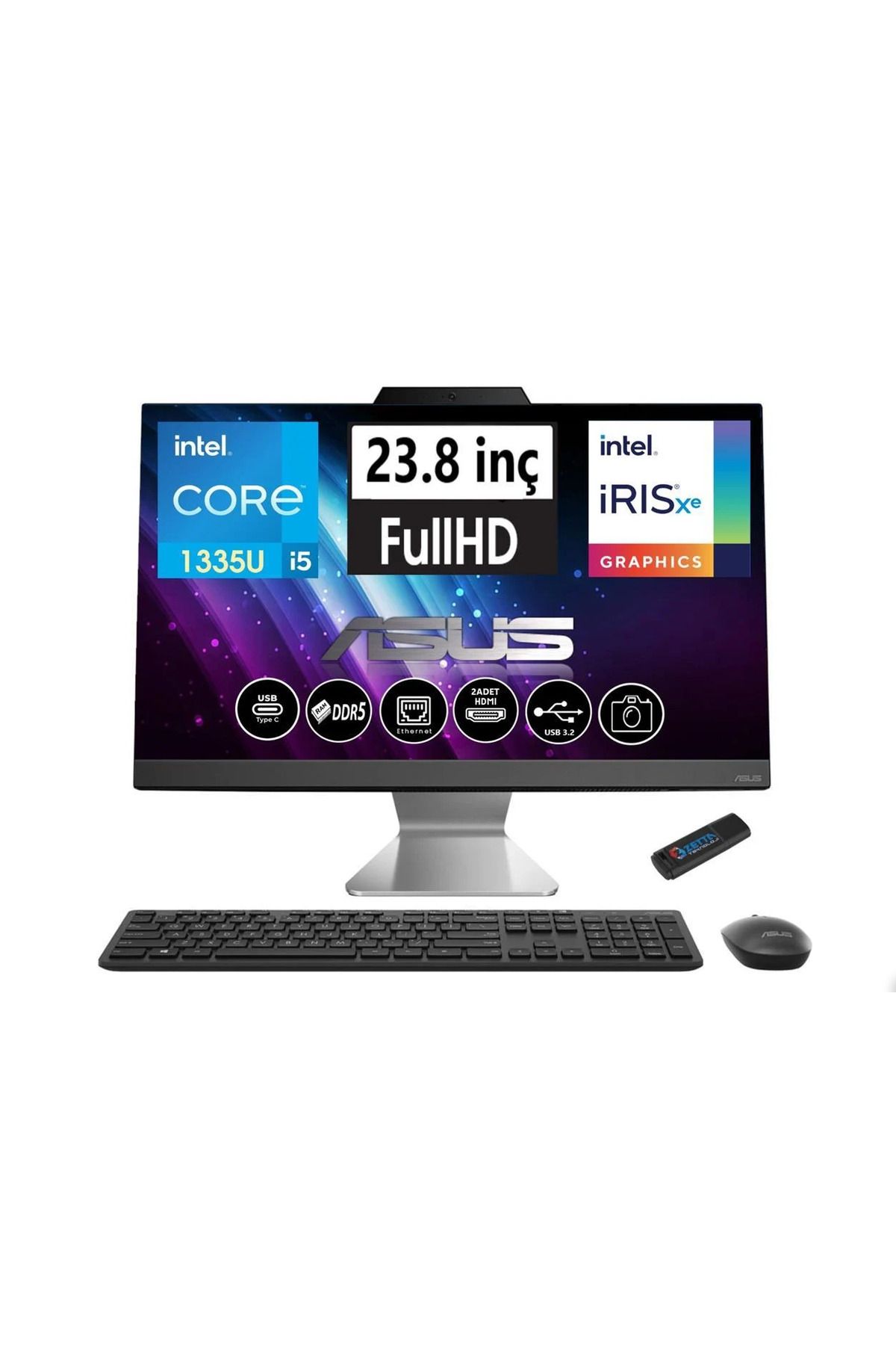 ASUS A3402WBAK-I58512B0D i5-1335U 8GB 512GB SSD O/B Iris Xe 23.8" Siyah DOS All in One PC