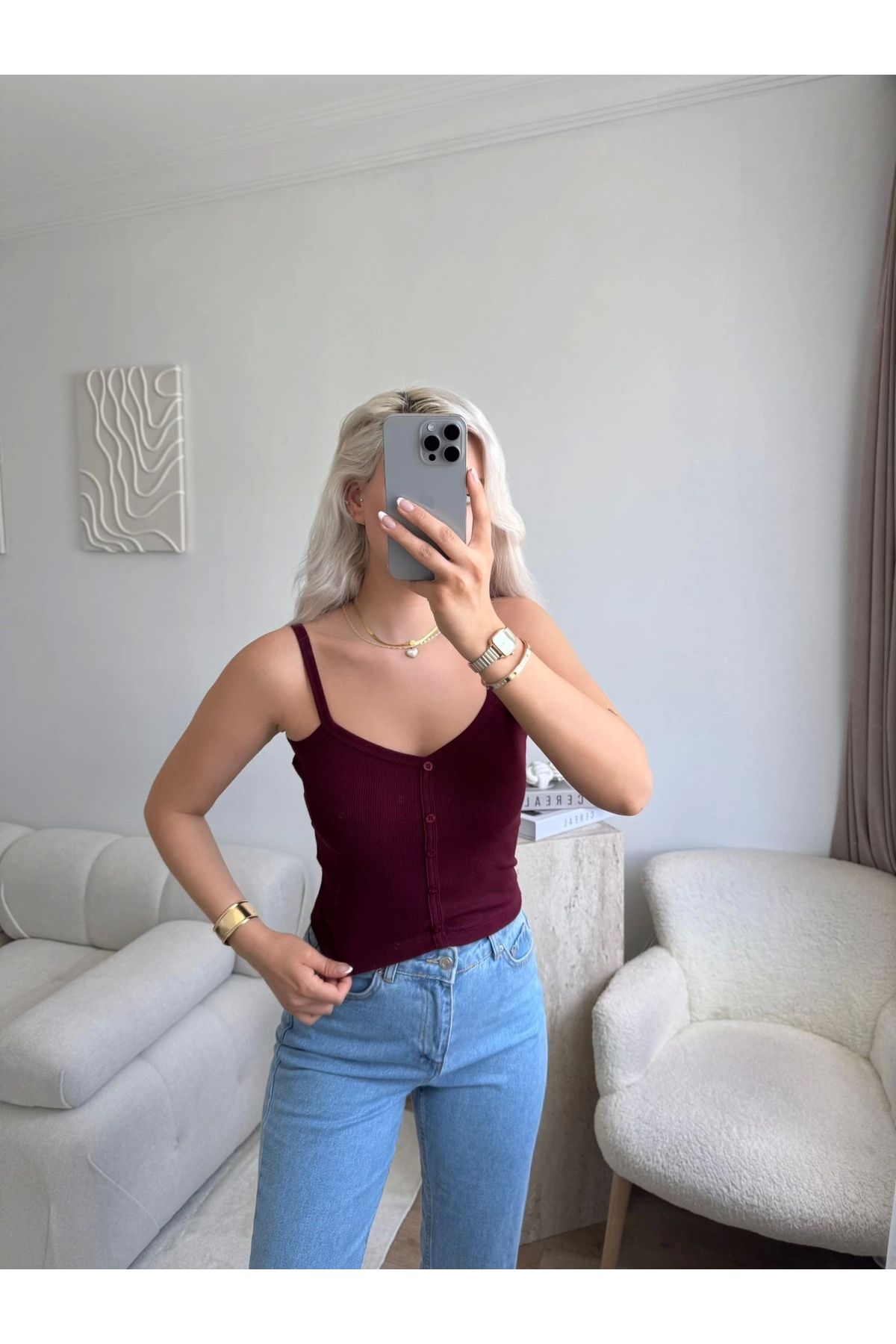 Zora Butik Düğmeli Askılı Crop - BORDO
