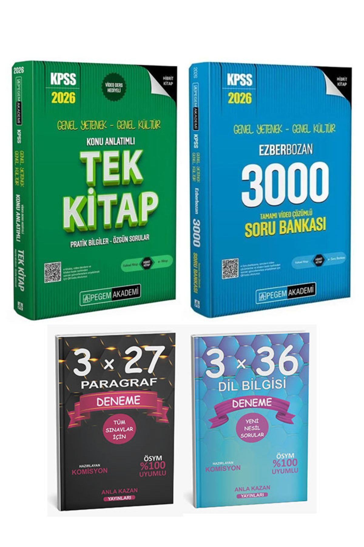 Anla Kazan Yayınları Pegem + Anla Kazan 2026 KPSS GYGK Konu + 3000 Soru + Paragraf Dil Bilgisi Deneme 4 lü Set