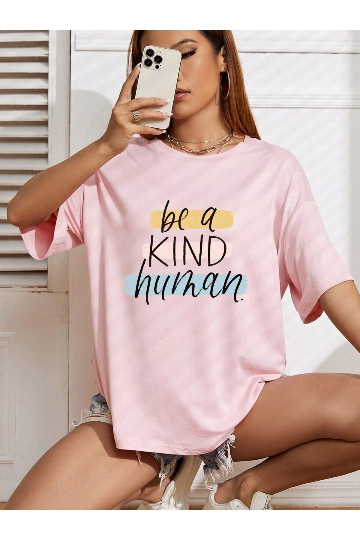 Boi Be A Kind Human Baskılı Kadın / Kız Oversize Gri Salas T-shirt Boyfriend