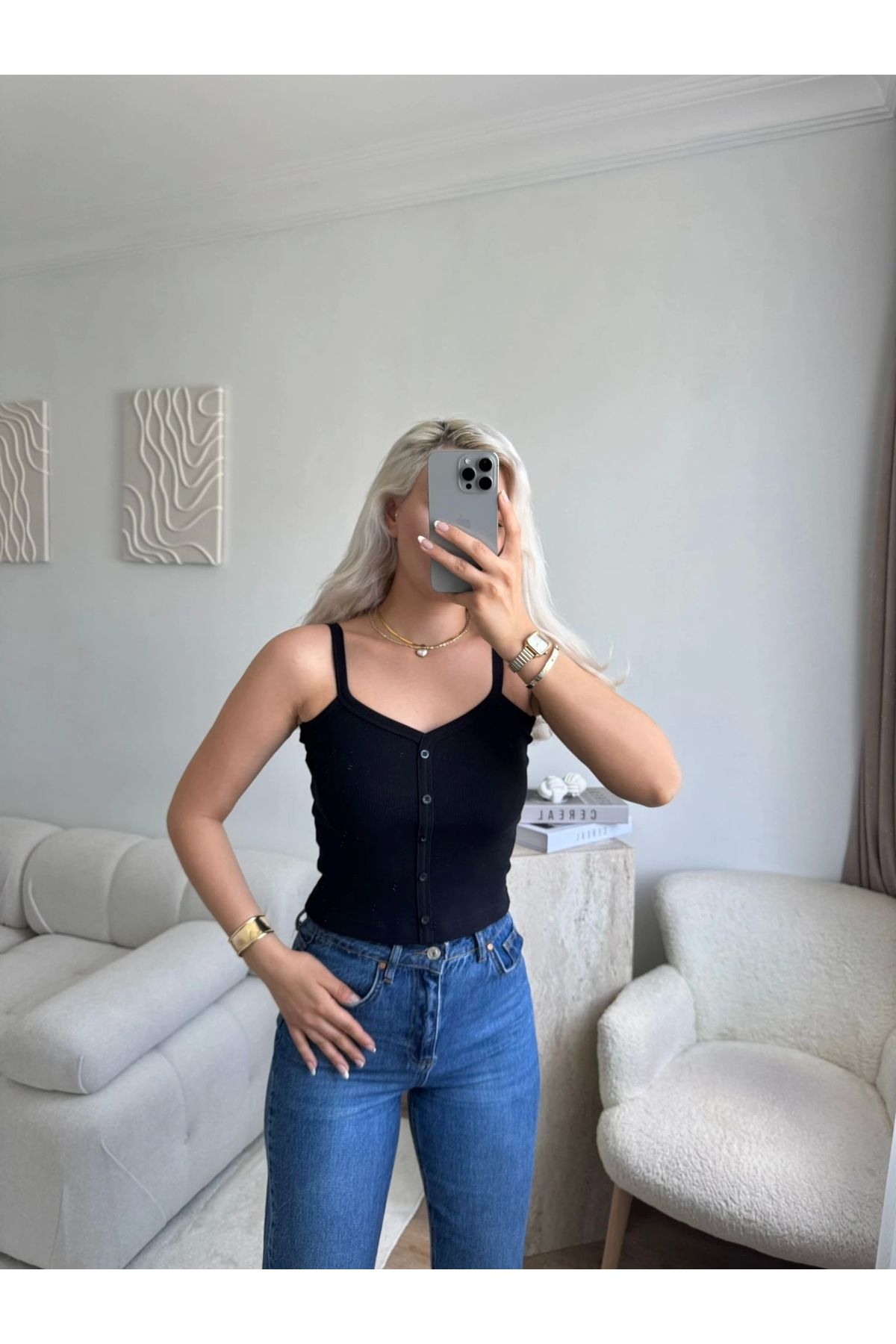 Zora Butik Düğmeli Askılı Crop - SİYAH