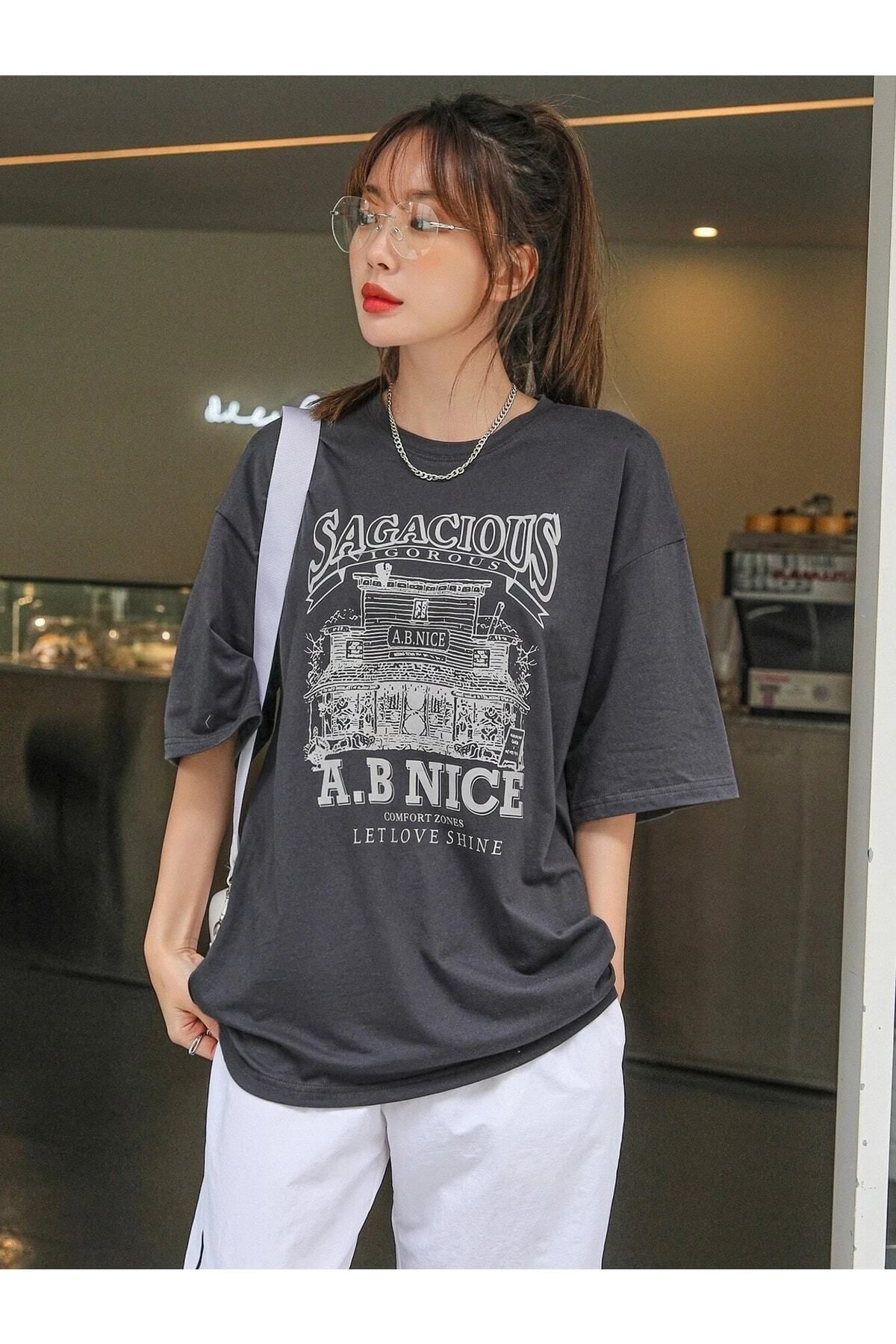 Boi Kadın / Kız Füme Sagacıous Baskılı Oversize T-shirt