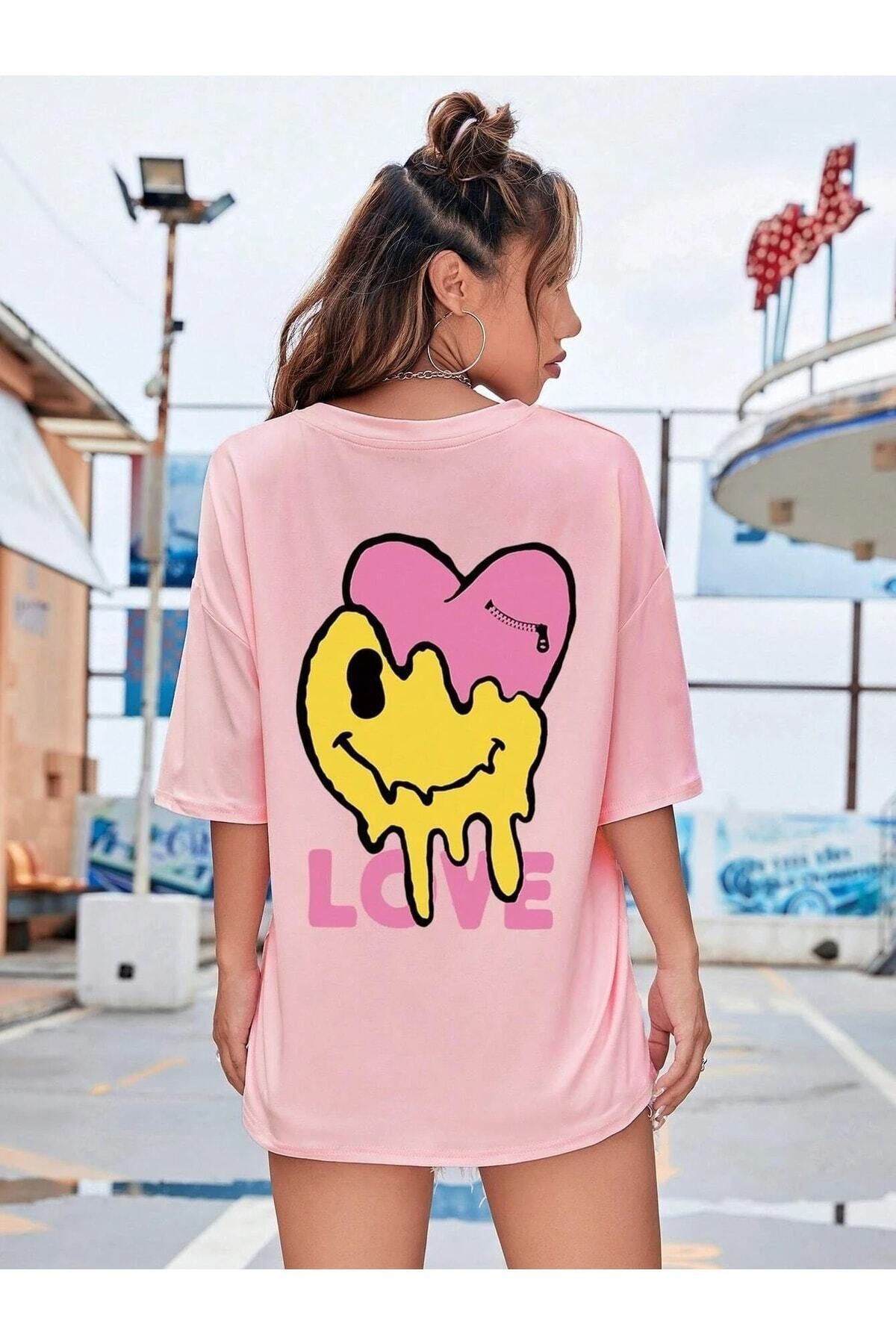 Boi Pink Love Baskılı Pembe Oversize Salas Boyfriend Kadın / Kız T-shirt Top Bluz