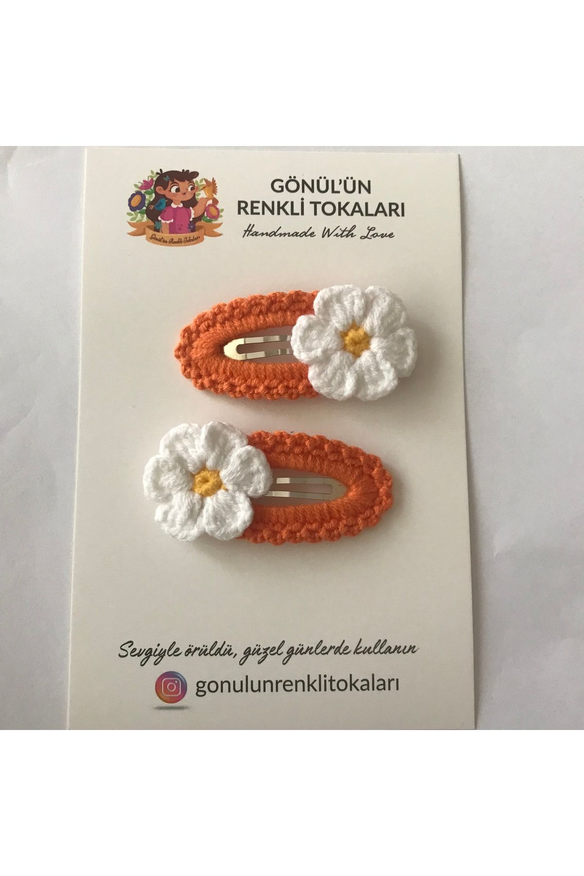 Gönülden Aksesuar 5cm oval metal çıt çıtlı el örgüsü renkler turncu ortası sarı,beyaz papatya toka çocuklar için
