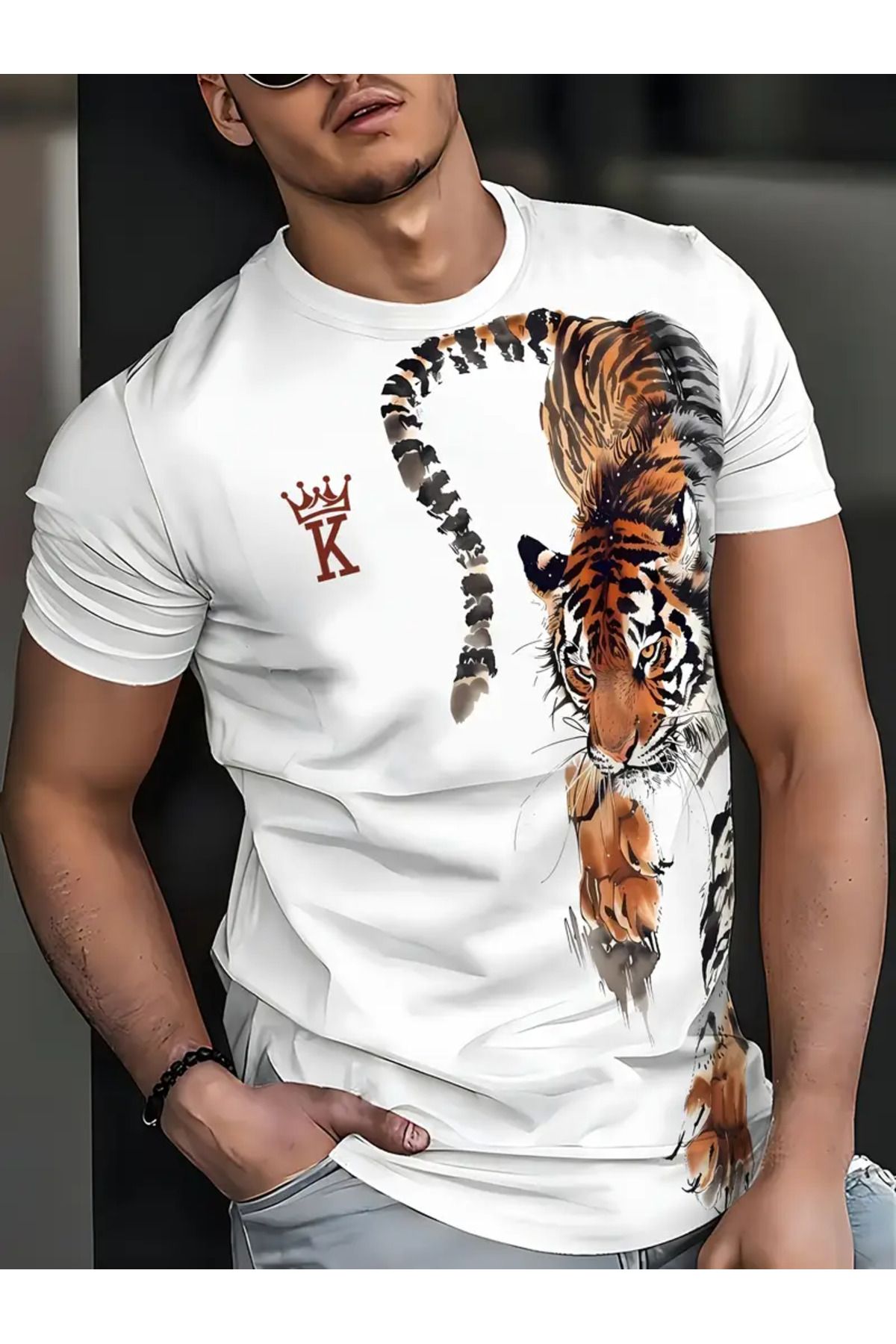 aynewmoda Erkek 3D Bold Tiger Baskılı Tişört - Nefes Alabilir Polyester, Rahat Kısa Kollu ve Yuvarlak Yaka