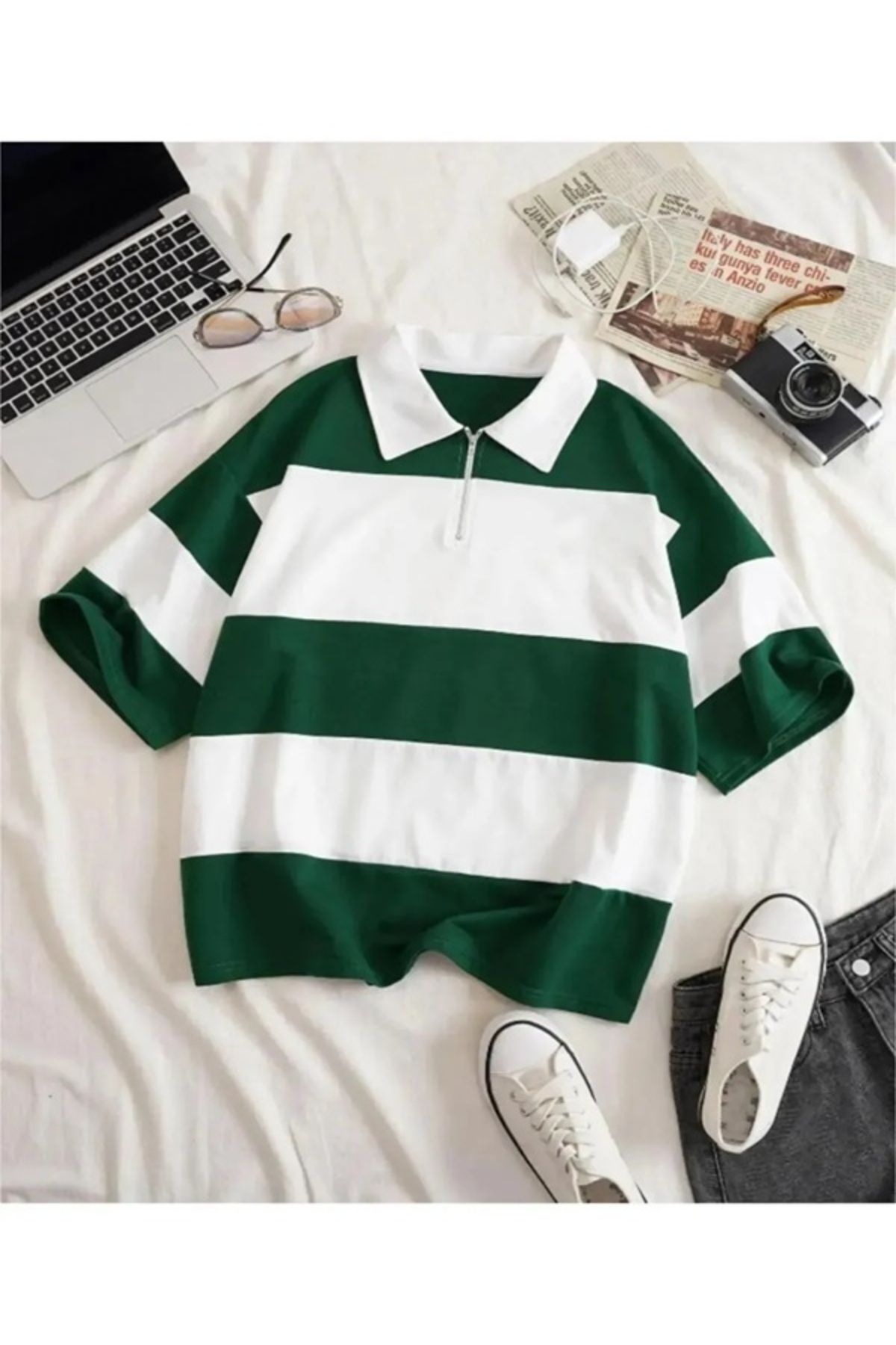 EXPECTED Unisex Oversize Polo Yaka Fermuarlı Parçalı Polo Tişört