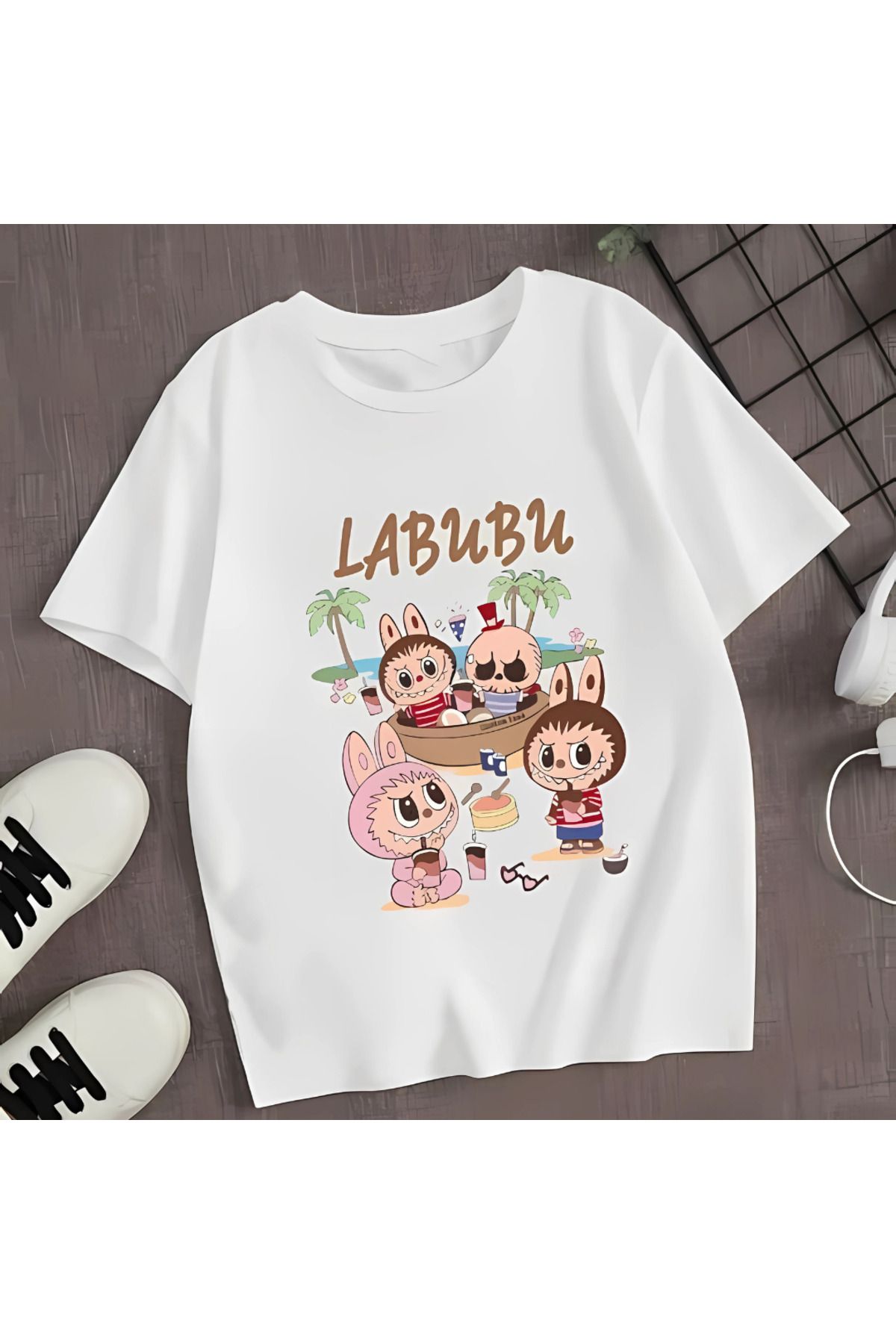 MECH BUTİK Labubu Baskılı Siyah/Beyaz Unisex Kadın/Erkek Tişört T-shirt