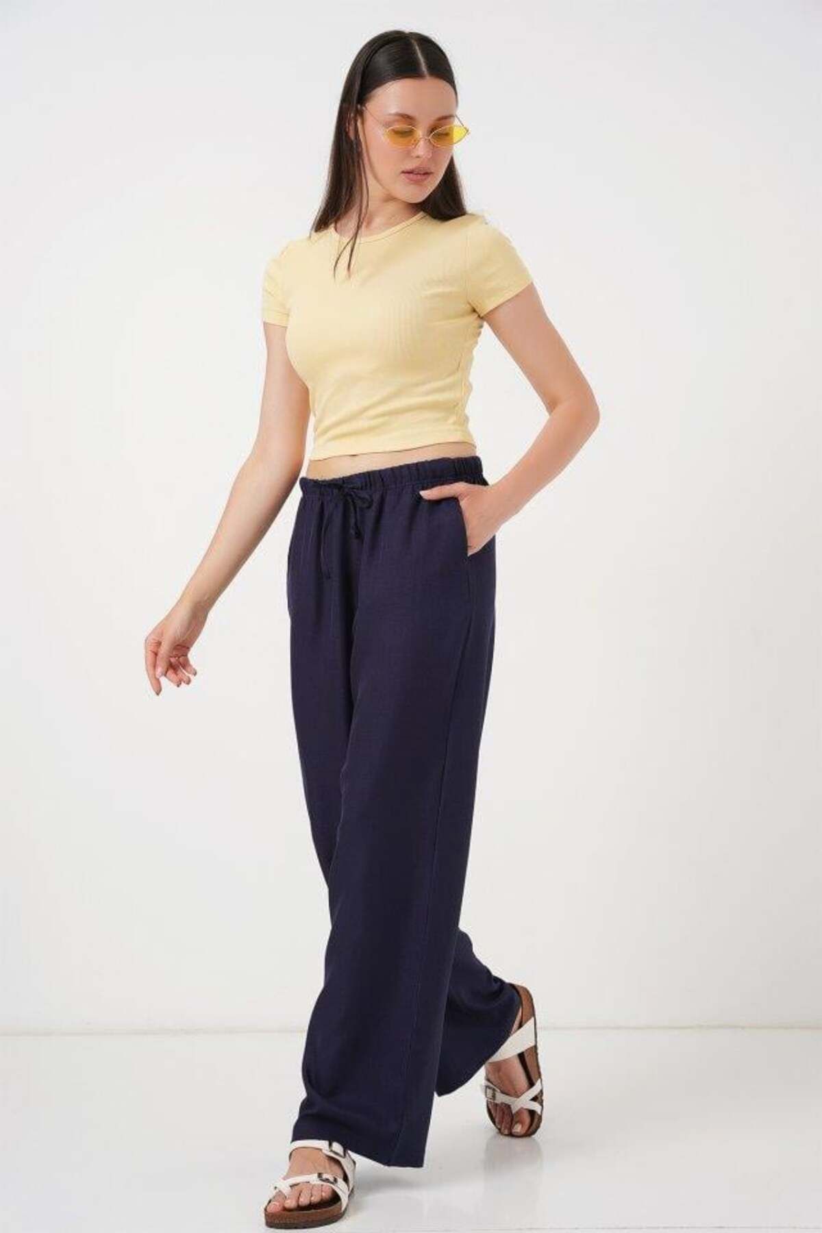 Aymood Geniş Paça Keten Pantolon 6735 - Lacivert