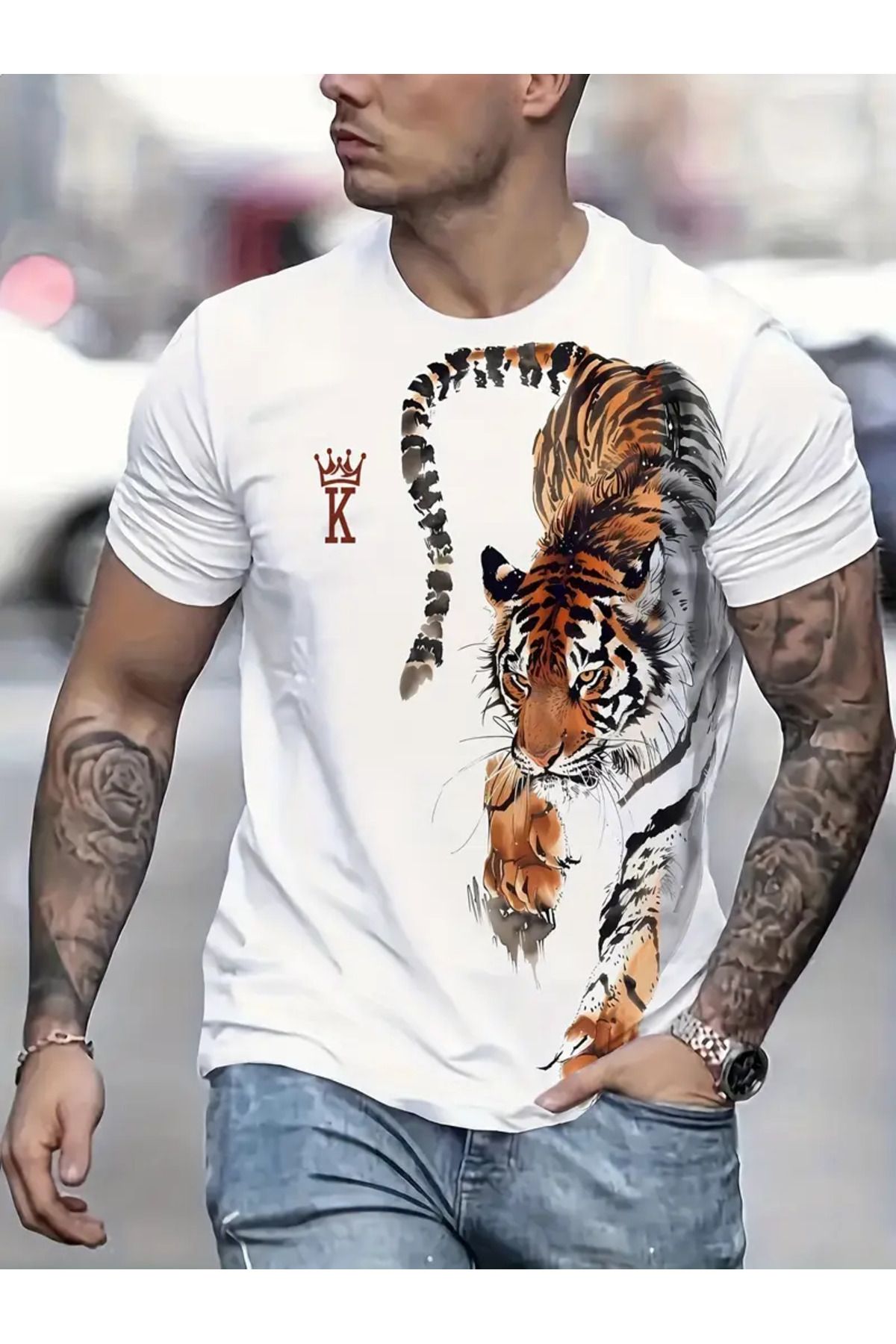 LUNAVISTA Erkek 3D Bold Tiger Baskılı Tişört - Nefes Alabilir Polyester, Rahat Kısa Kollu ve Yuvarlak Yaka
