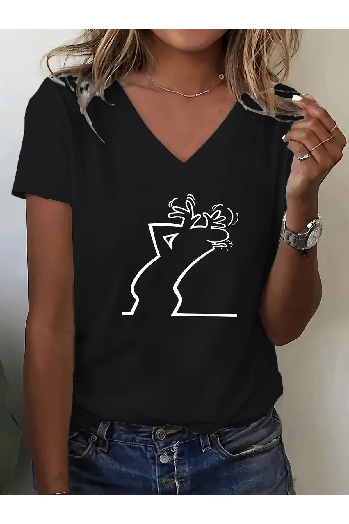 WOODROFFE Kadın Bay Meraklı Grafik Baskılı V Yaka T-shirt Baskılı Salaş
