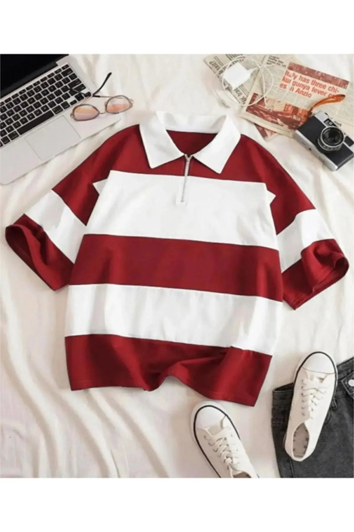 EXPECTED Unisex Oversize Polo Yaka Fermuarlı Parçalı Polo Tişört