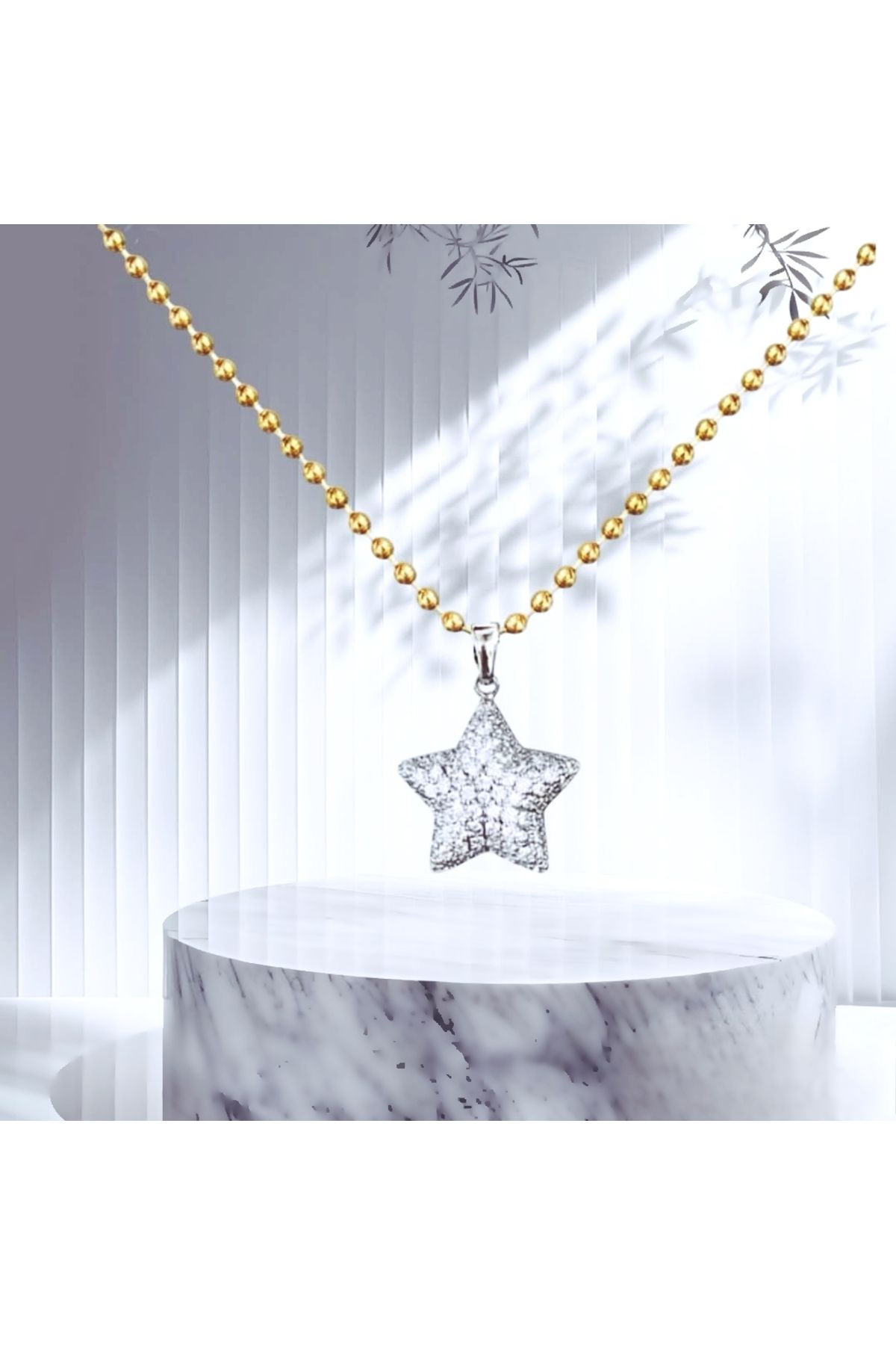esplendor Çelik Gold Renk Topçuk Zincir Model Gümüş Zirkon Taşlı Yıldız Model Kadın Kolye