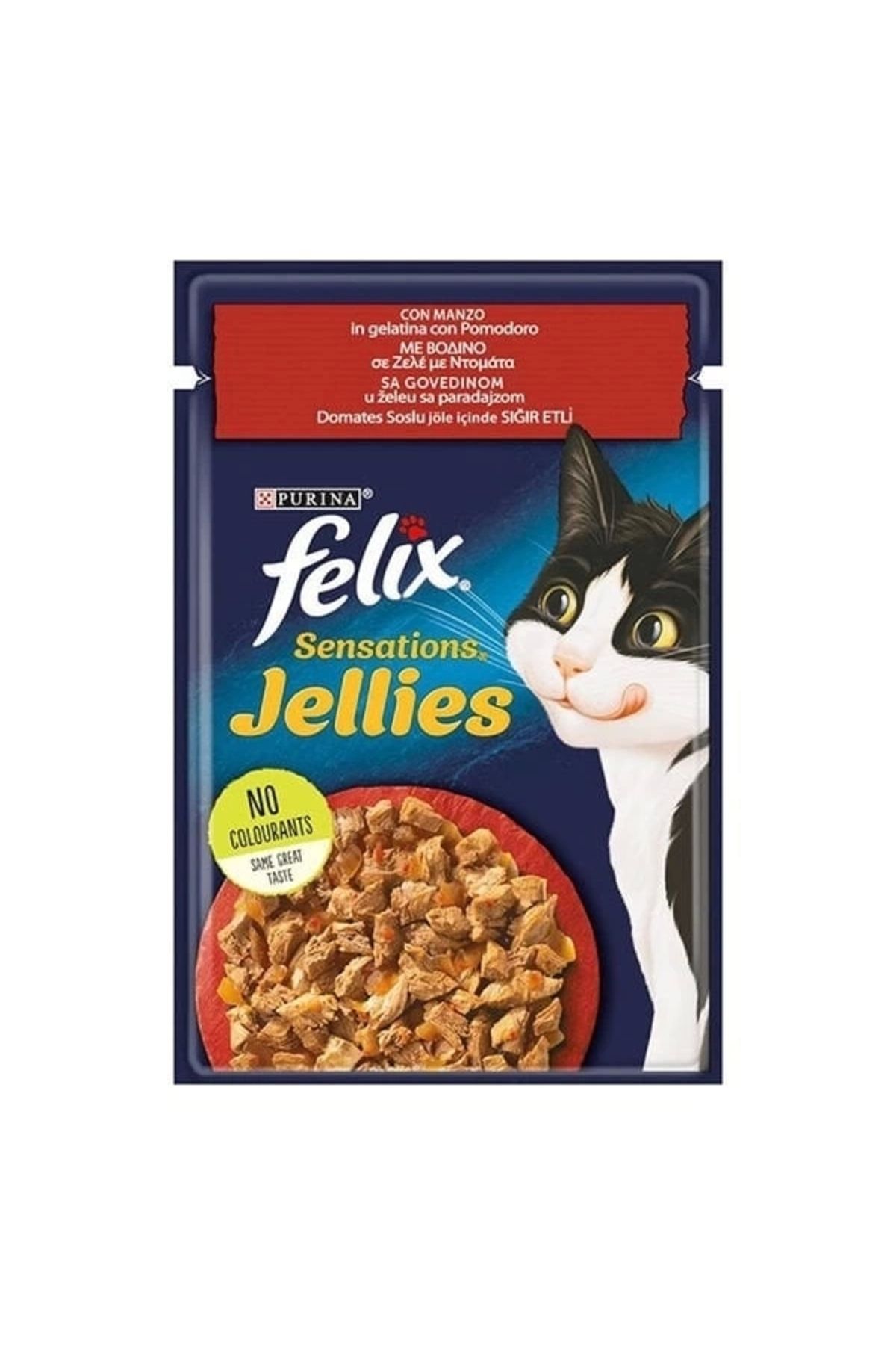 YNT İthalat Felix Sensations Taze Jöle İçerisinde Domates Soslu Sığır Etli Yetişkin Konserve Kedi Maması 85 Gr