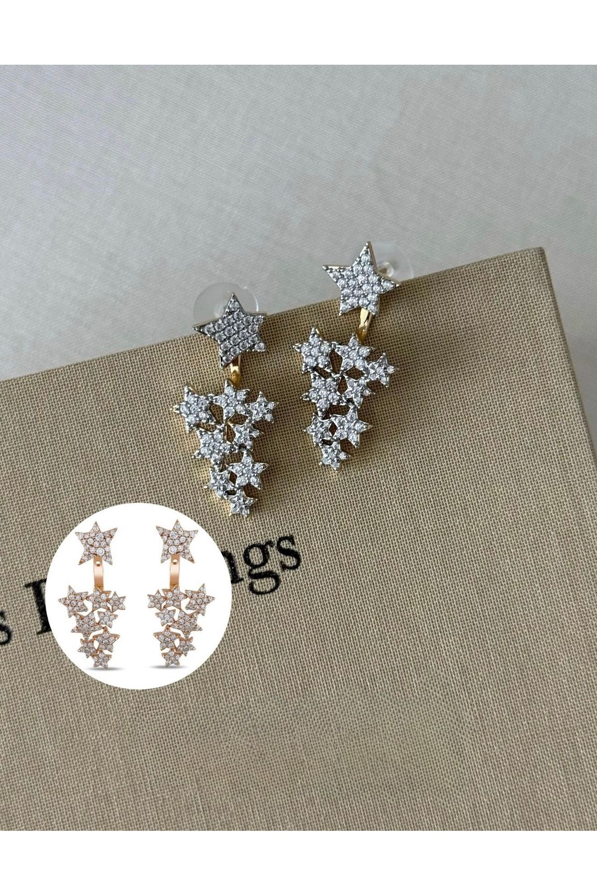 kems jewels Yıldız Model Zirkon Taşlı Çelik Altın Kaplama Sallantılı Küpe