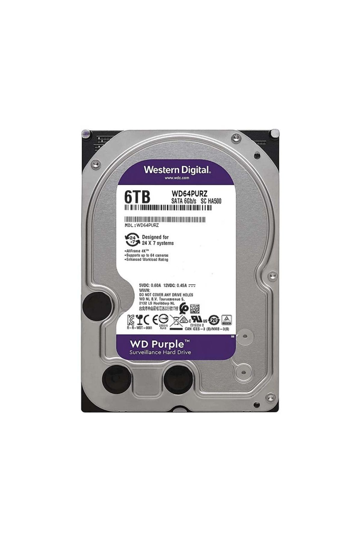 WESTERN DIGITAL WD PURPLE, WD64PURZ, 3.5", 6TB, 256Mb, 5400 Rpm, 7/24 Güvenlik, HDD (Türkiye Distribütörü Garan