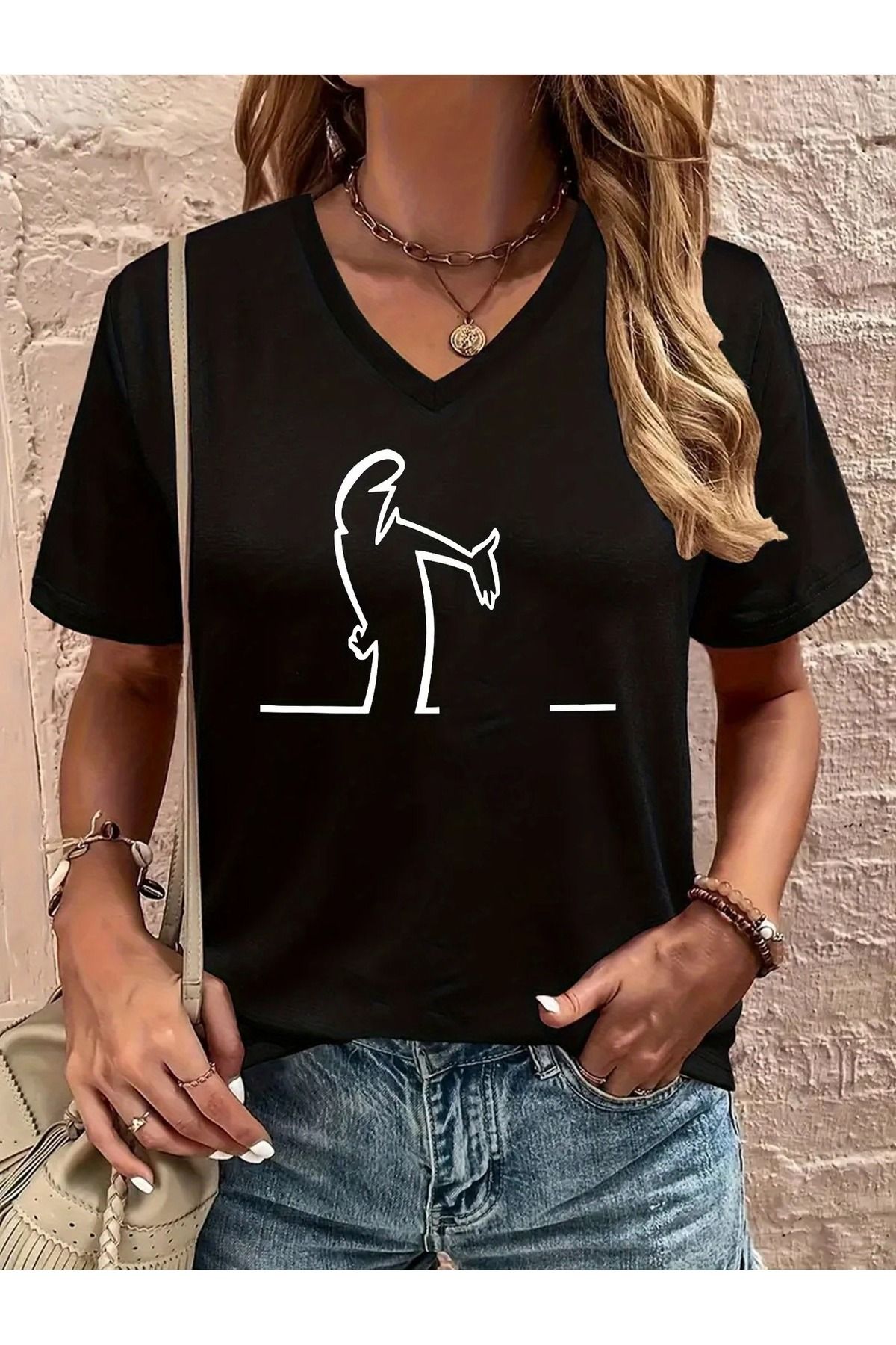 WOODROFFE Kadın Komik By Meraklı Baskılı V yaka T-Shirt Baskılı Oversize Salaş