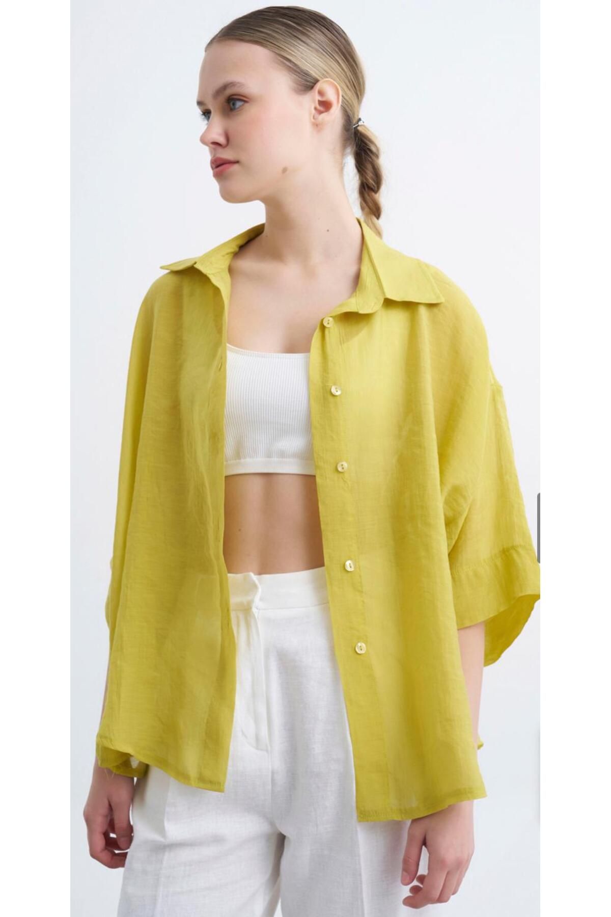 afran collection gömlek oversıze ipeksi sarı gömlek
