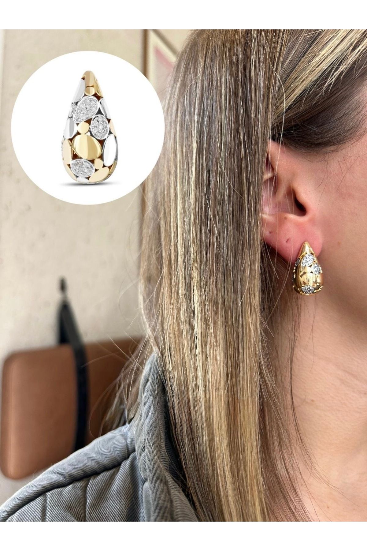 kems jewels Damla Drop Model Zirkon Taşlı Damla Detaylı Çelik Küpe